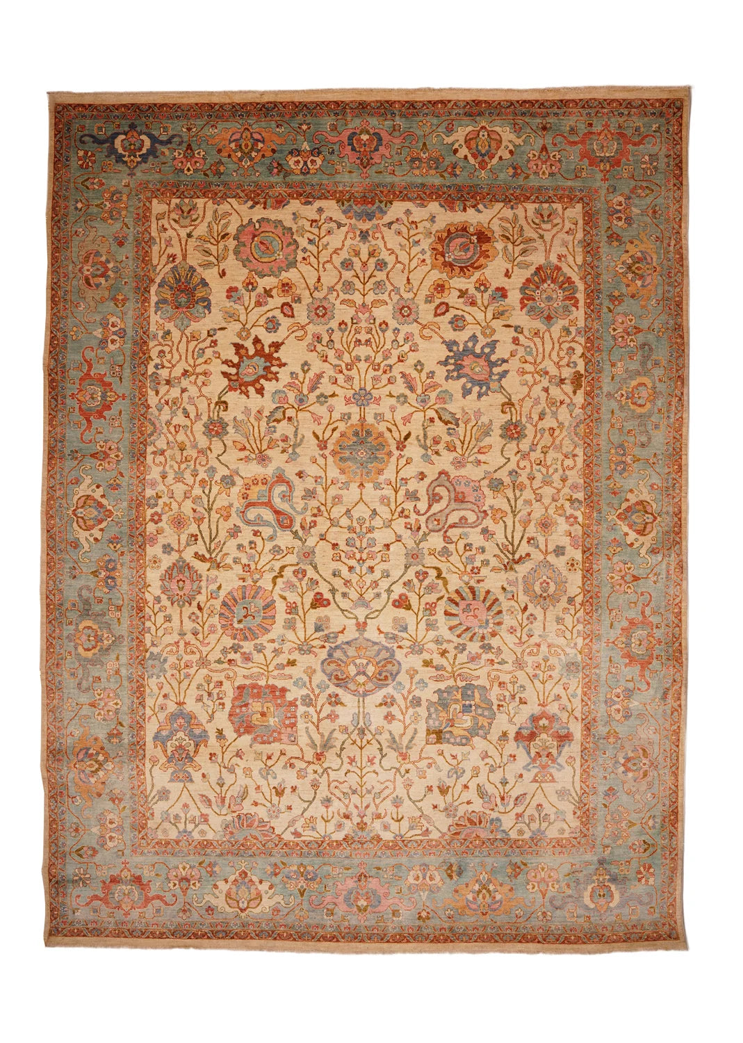 Floral Bliss of Handwoven Coral & Sky-Blue Rug on Cream Canvas