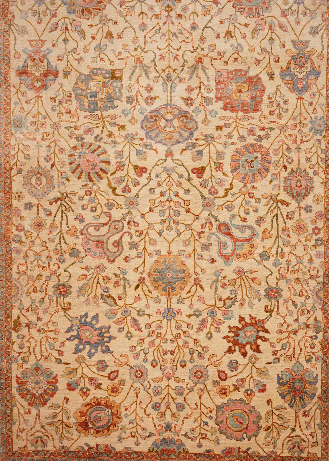 Floral Bliss of Handwoven Coral & Sky-Blue Rug on Cream Canvas