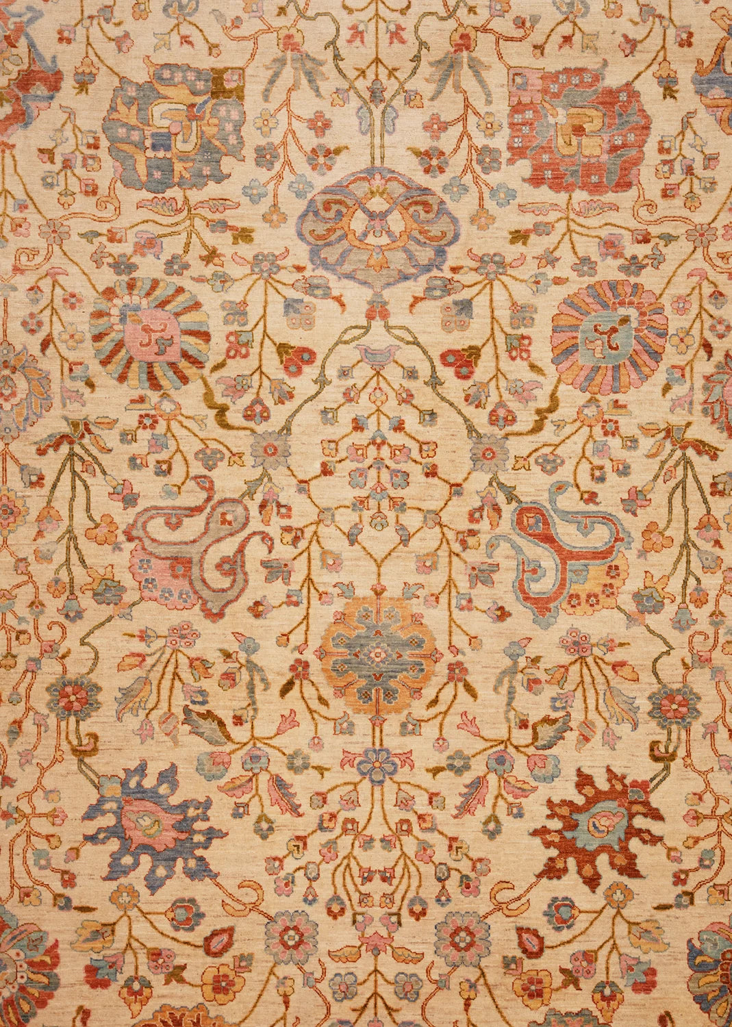 Floral Bliss of Handwoven Coral & Sky-Blue Rug on Cream Canvas