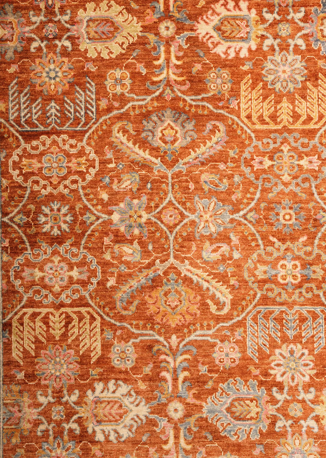 Beige Rust Floral Border Oriental Rug With White Pattern