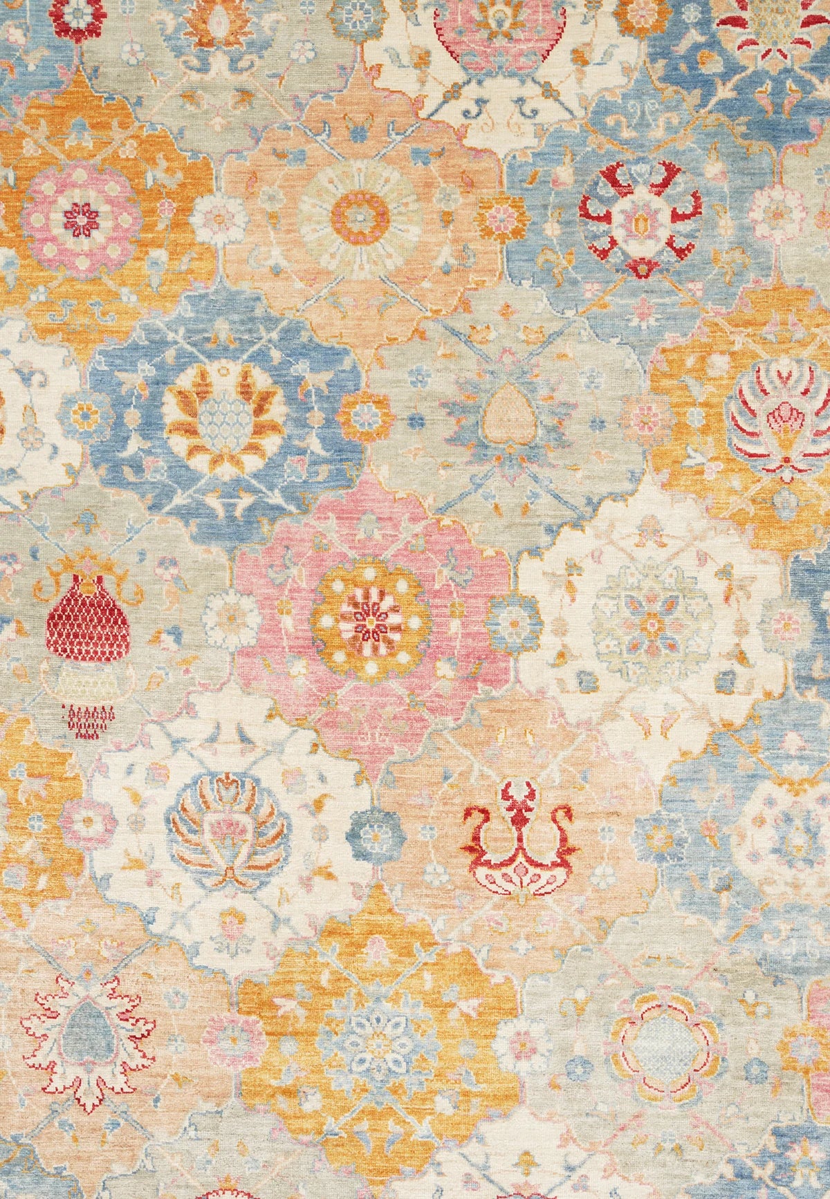 Stylized Floral & Geometric Motifs Hand-Spun Wool Traditional Rug