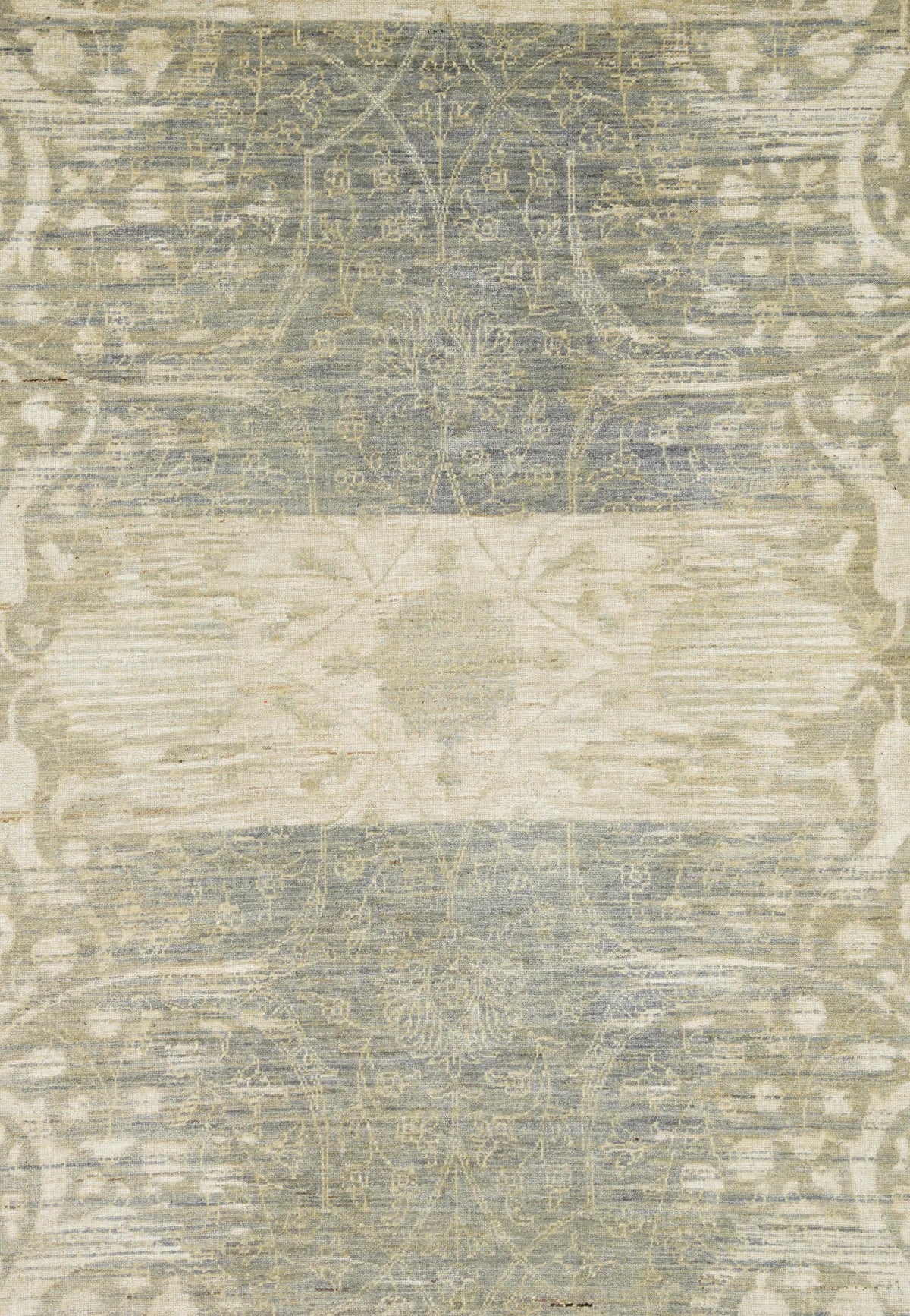 Elegant Floral Motif | Subtle Soft Beige & Green Wool Transitional Rug