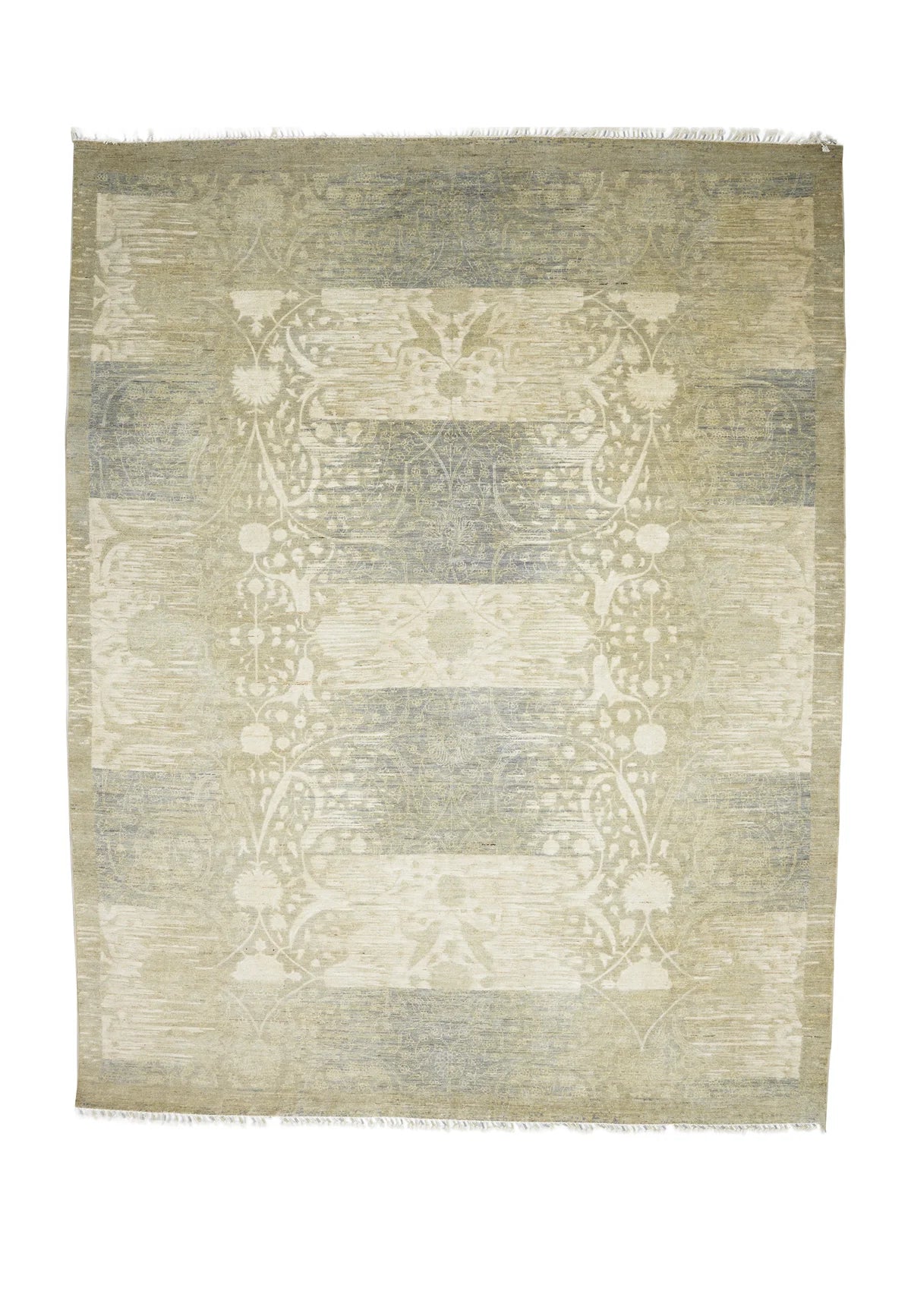 Elegant Floral Motif | Subtle Soft Beige & Green Wool Transitional Rug