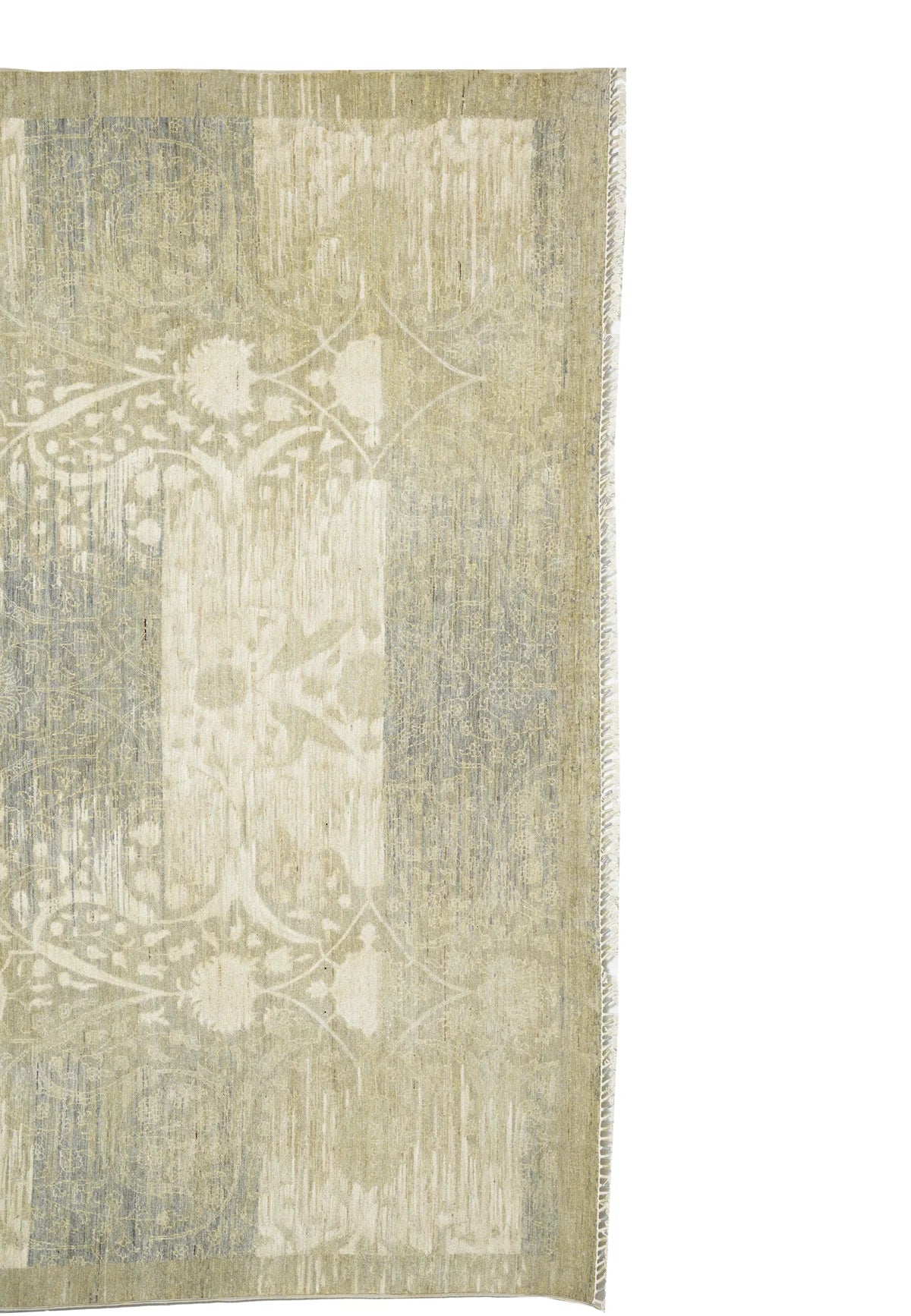 Elegant Floral Motif | Subtle Soft Beige & Green Wool Transitional Rug