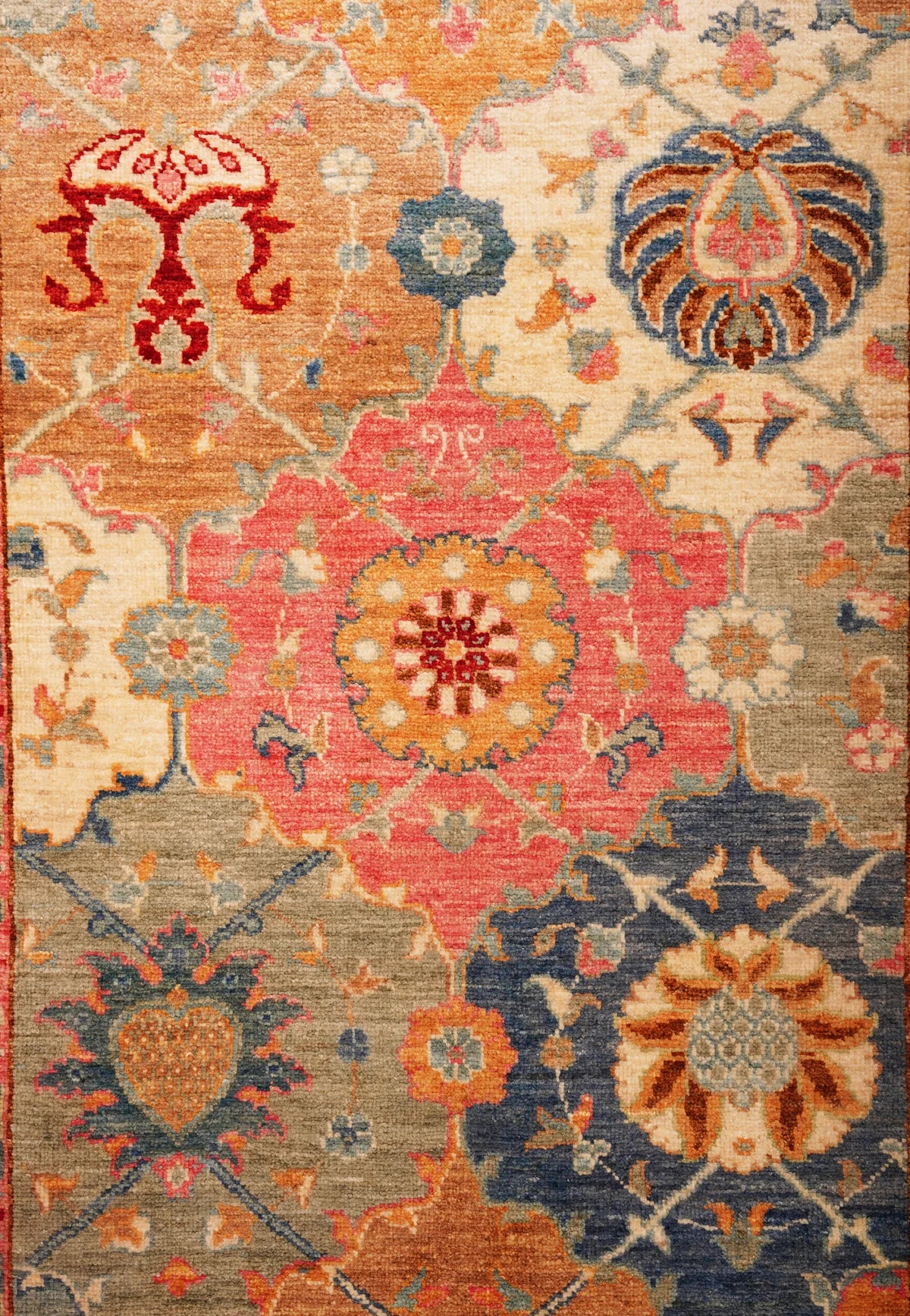 Light‑Brown & Beige Floral Rug with multi color Motifs and White Fringe