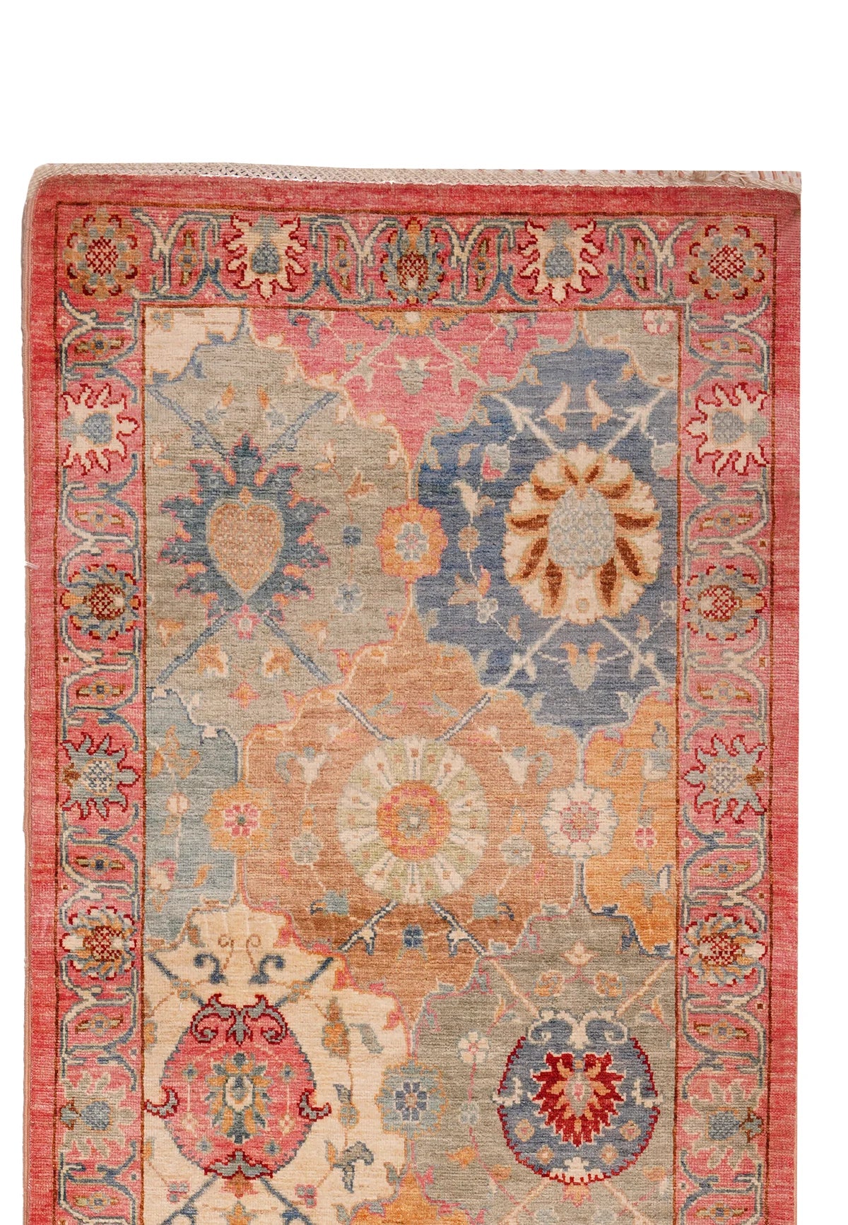 Blue‑Floral Cream‑Fringe Rug with Red‑Pink Border