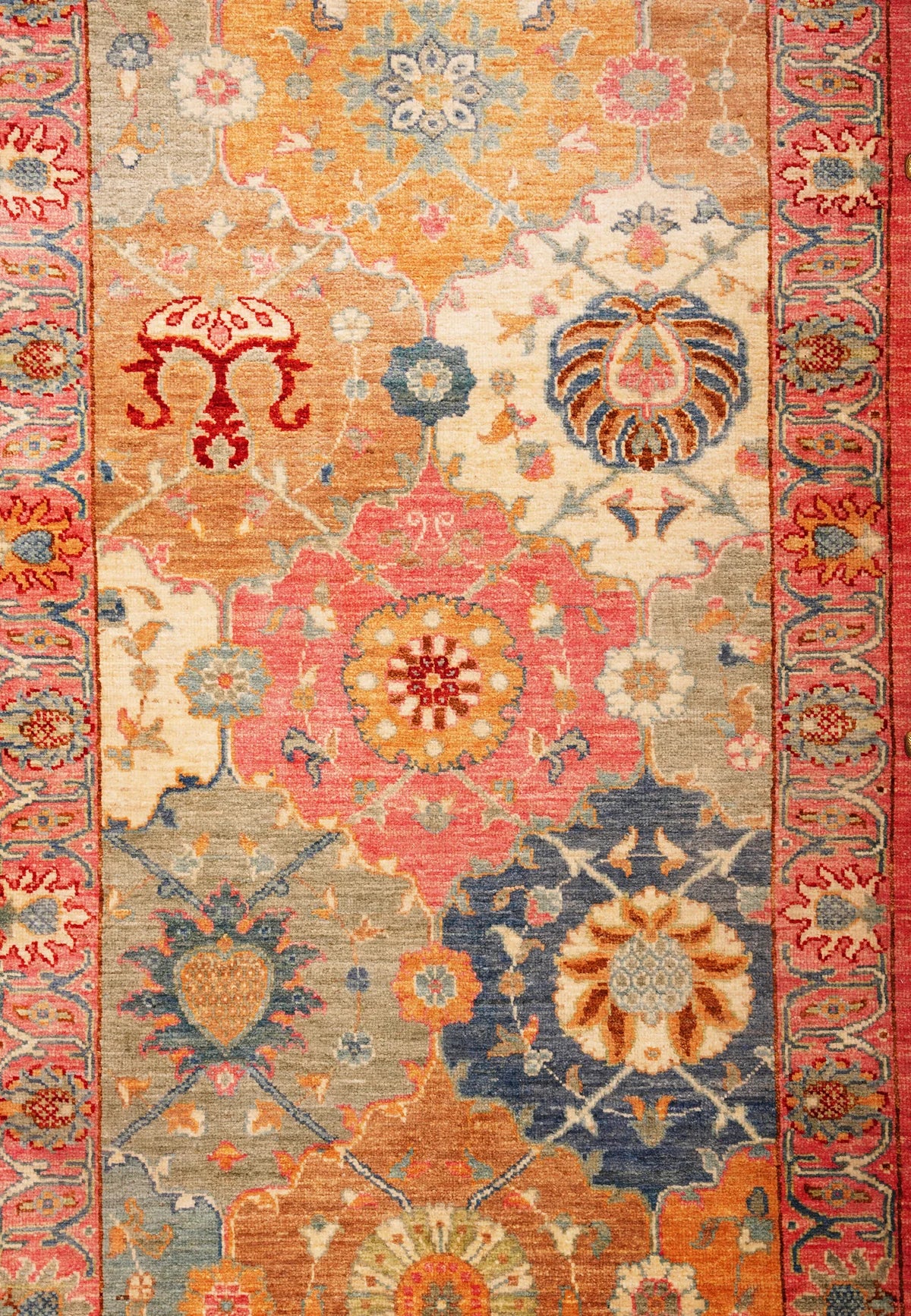 Blue‑Floral Cream‑Fringe Rug with Red‑Pink Border