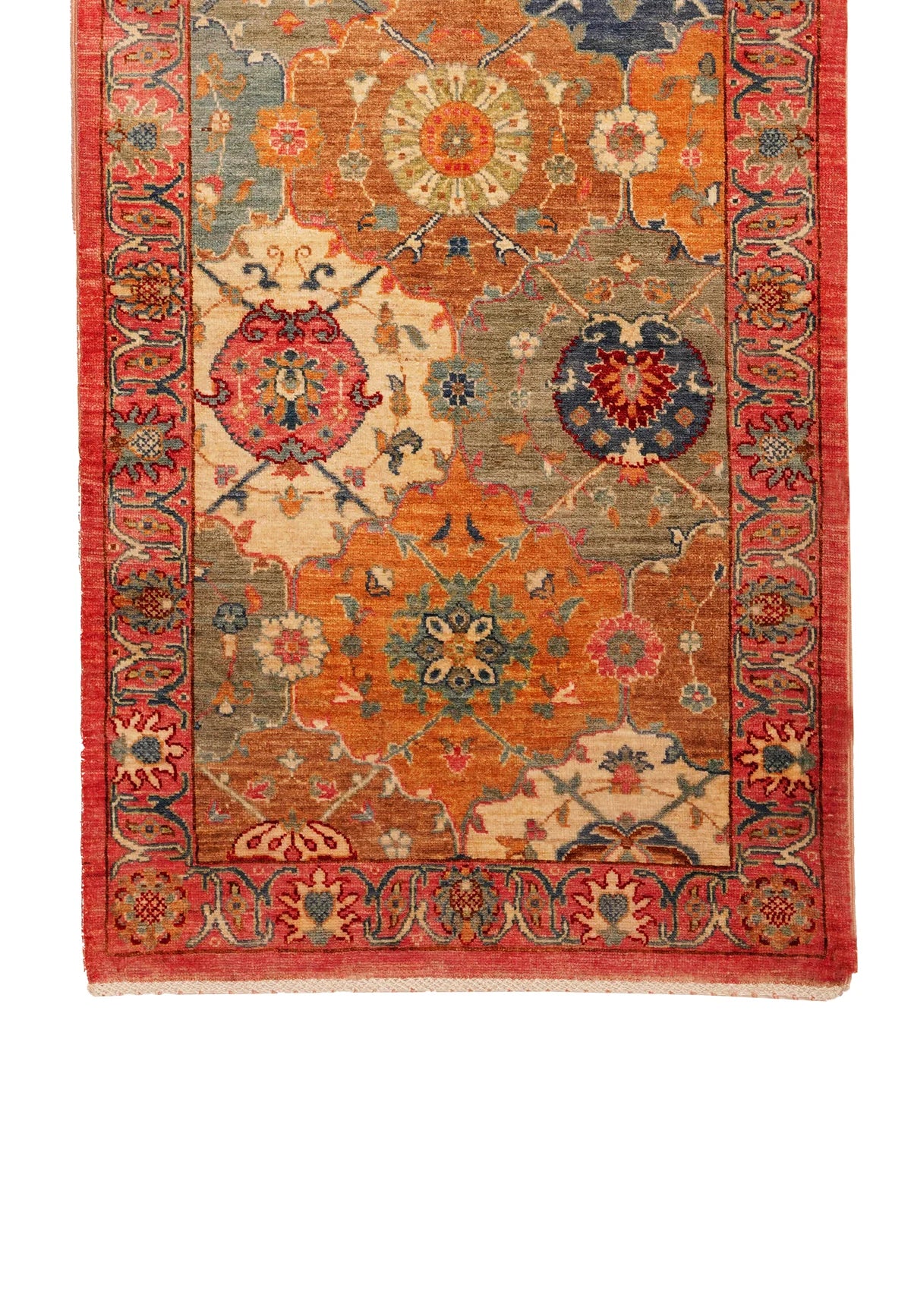 Blue‑Floral Cream‑Fringe Rug with Red‑Pink Border