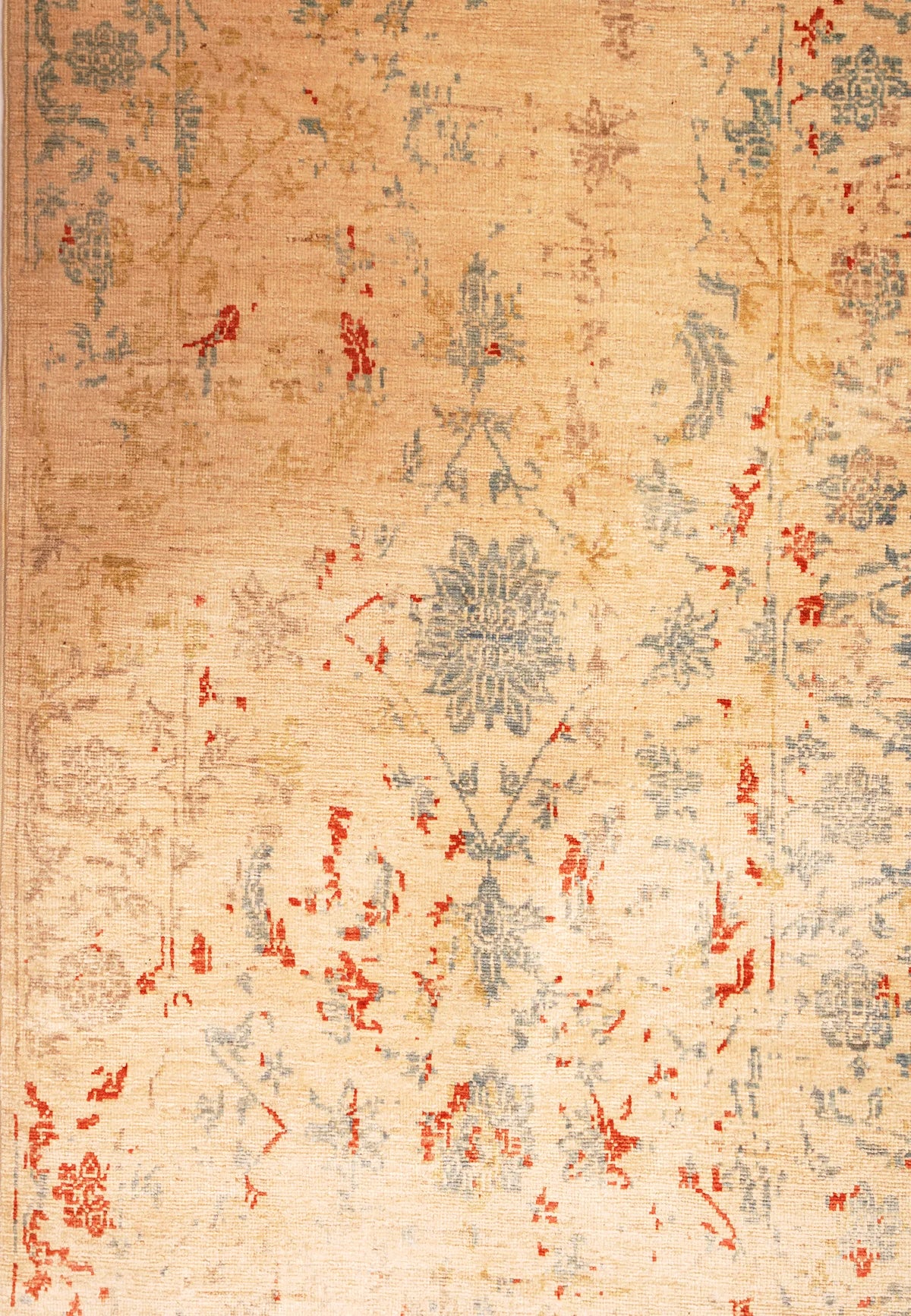 Tan and Blue Floral Split‑Pattern Oriental Vegetabale Dye Runner
