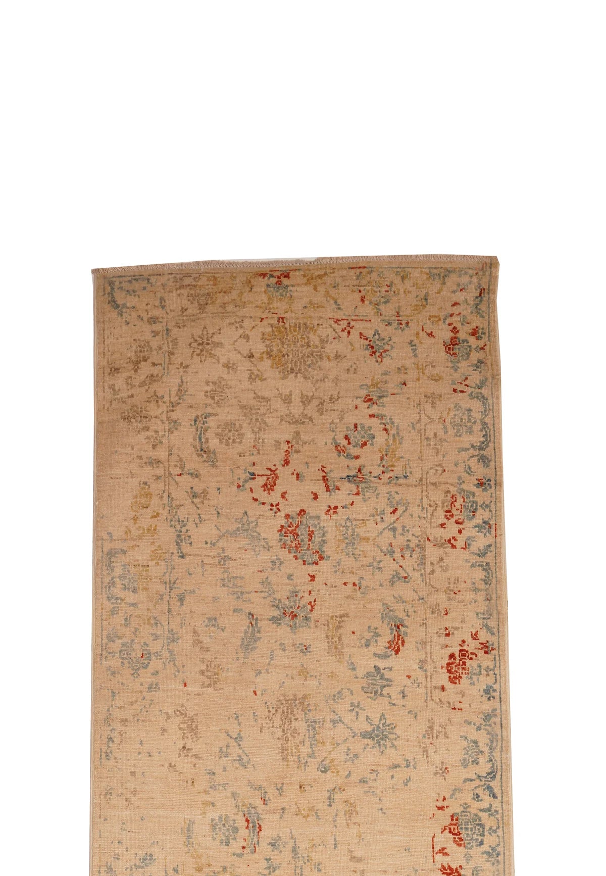 Tan and Blue Floral Split‑Pattern Oriental Vegetabale Dye Runner