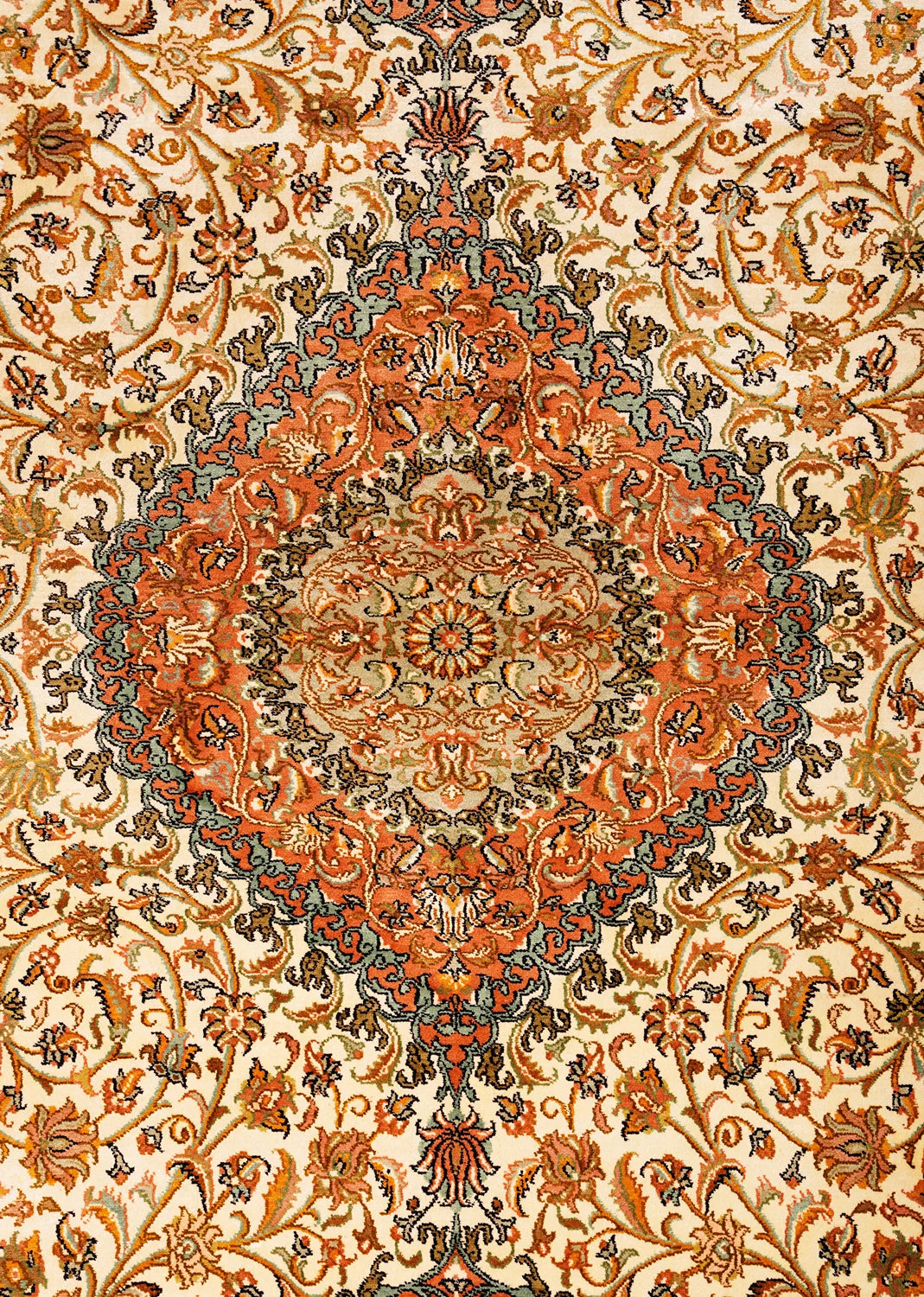 Floral and Geometric Patterned Carpet in Muted Orange and Brown