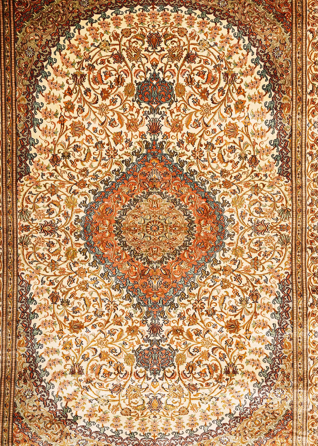 Floral and Geometric Patterned Carpet in Muted Orange and Brown