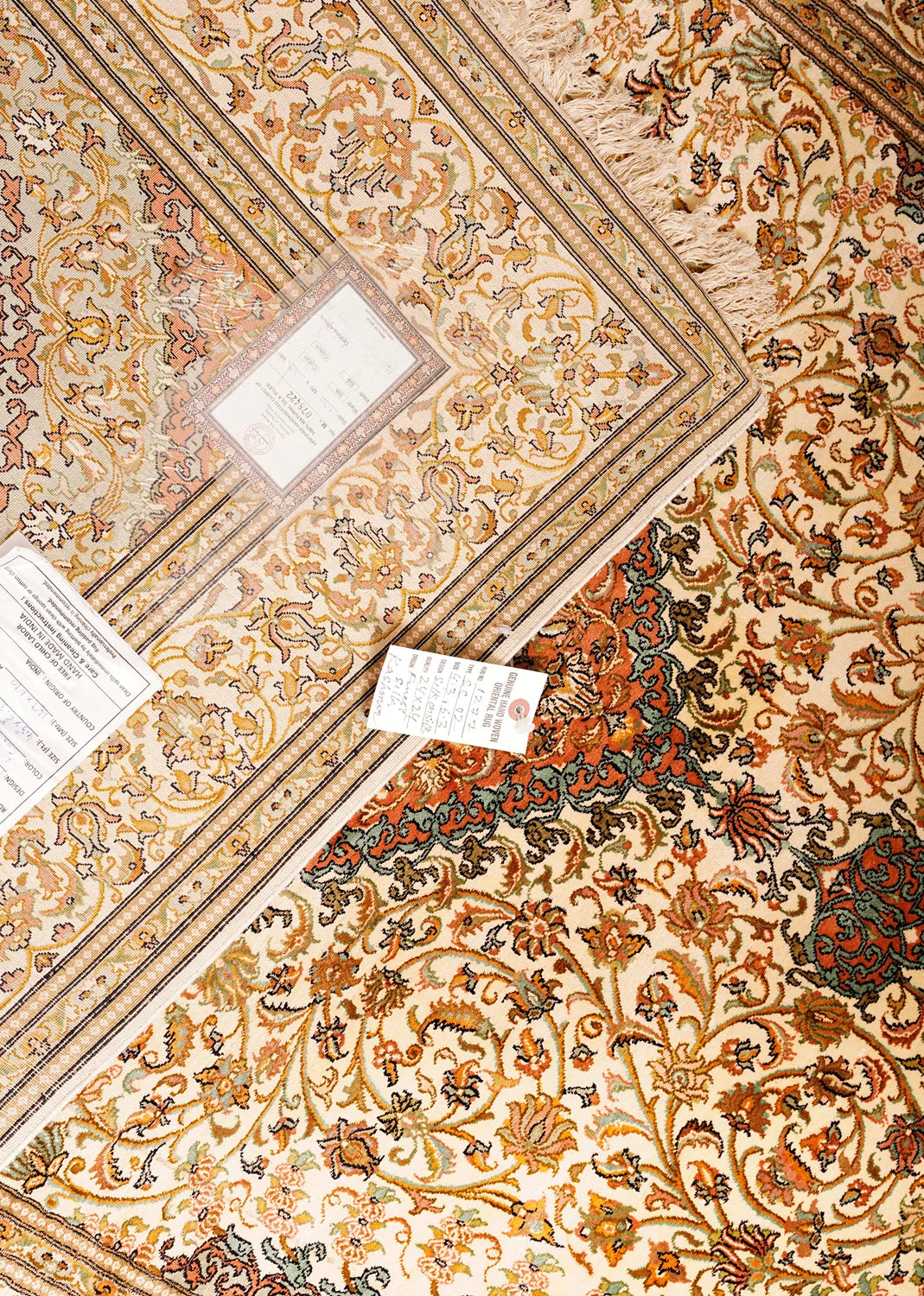 Floral and Geometric Patterned Carpet in Muted Orange and Brown
