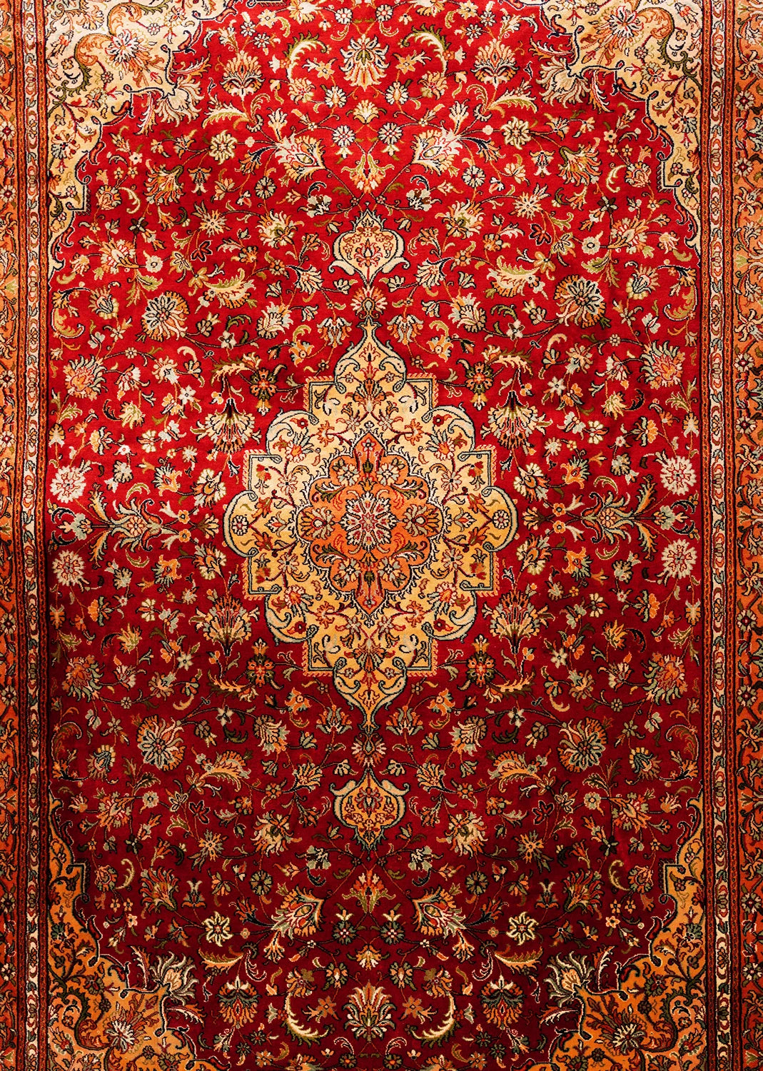 Ornate Red and Beige Carpet with Floral Borders and Central Medallion