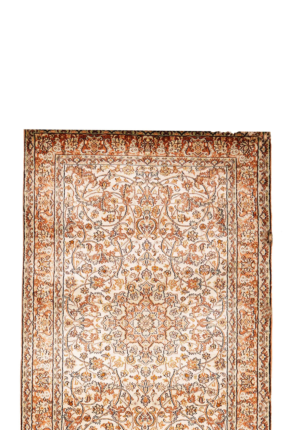 Golden Beige Wool Rug with Central Medallion & Curved Floral Vines