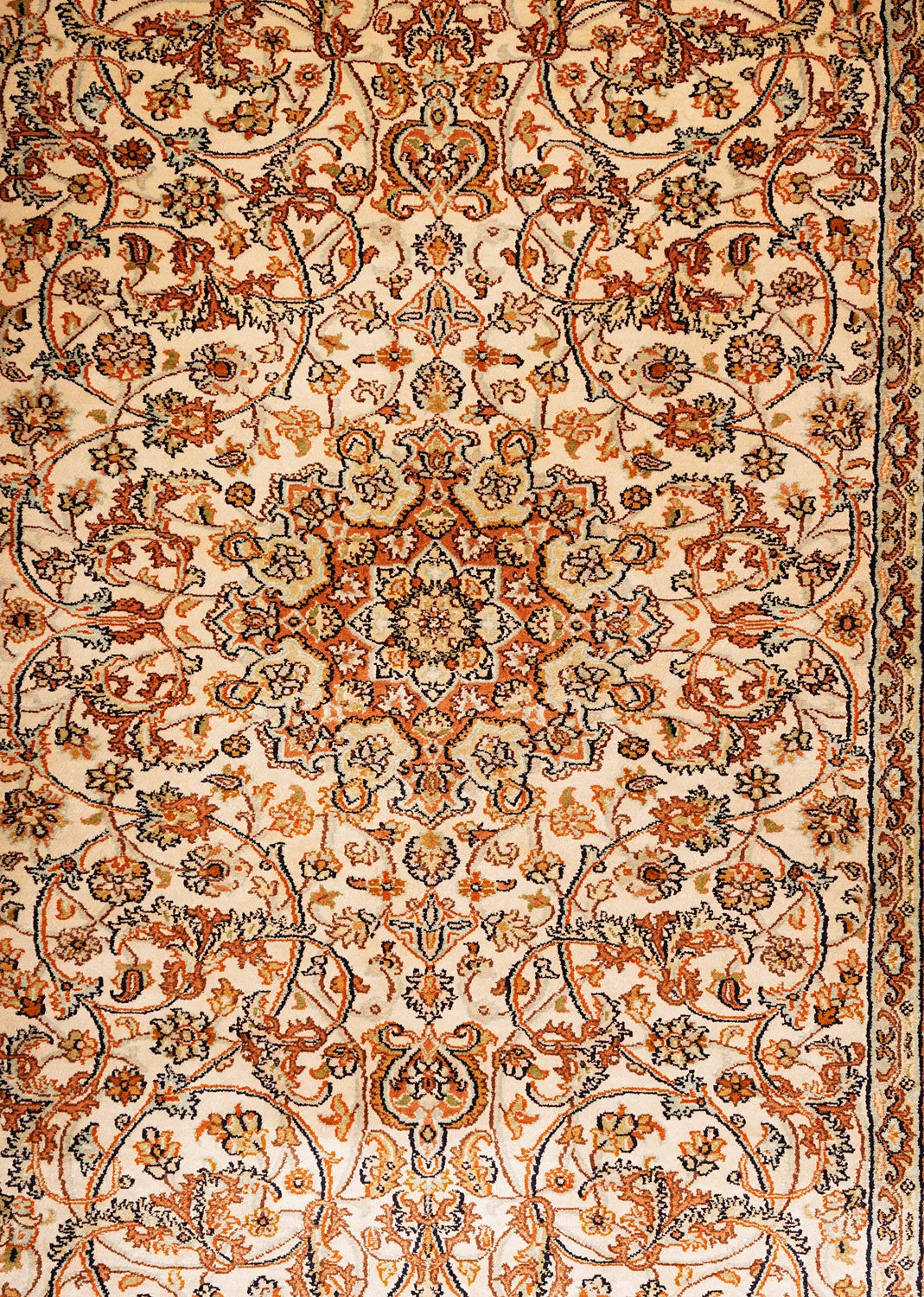 Golden Beige Wool Rug with Central Medallion & Curved Floral Vines