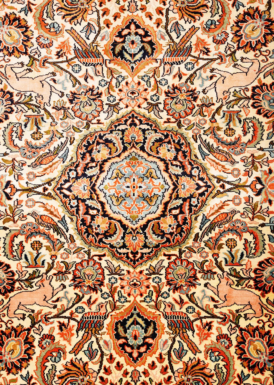 Handcrafted Cream Rug with Intricate Fauna and Flora in Jewel Tones