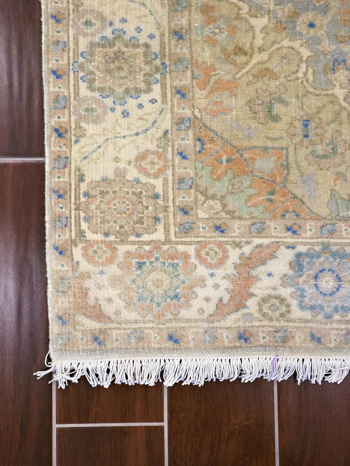 Vintage Indian Wool Light Blue Rug with Cream Diamond Floral Pattern
