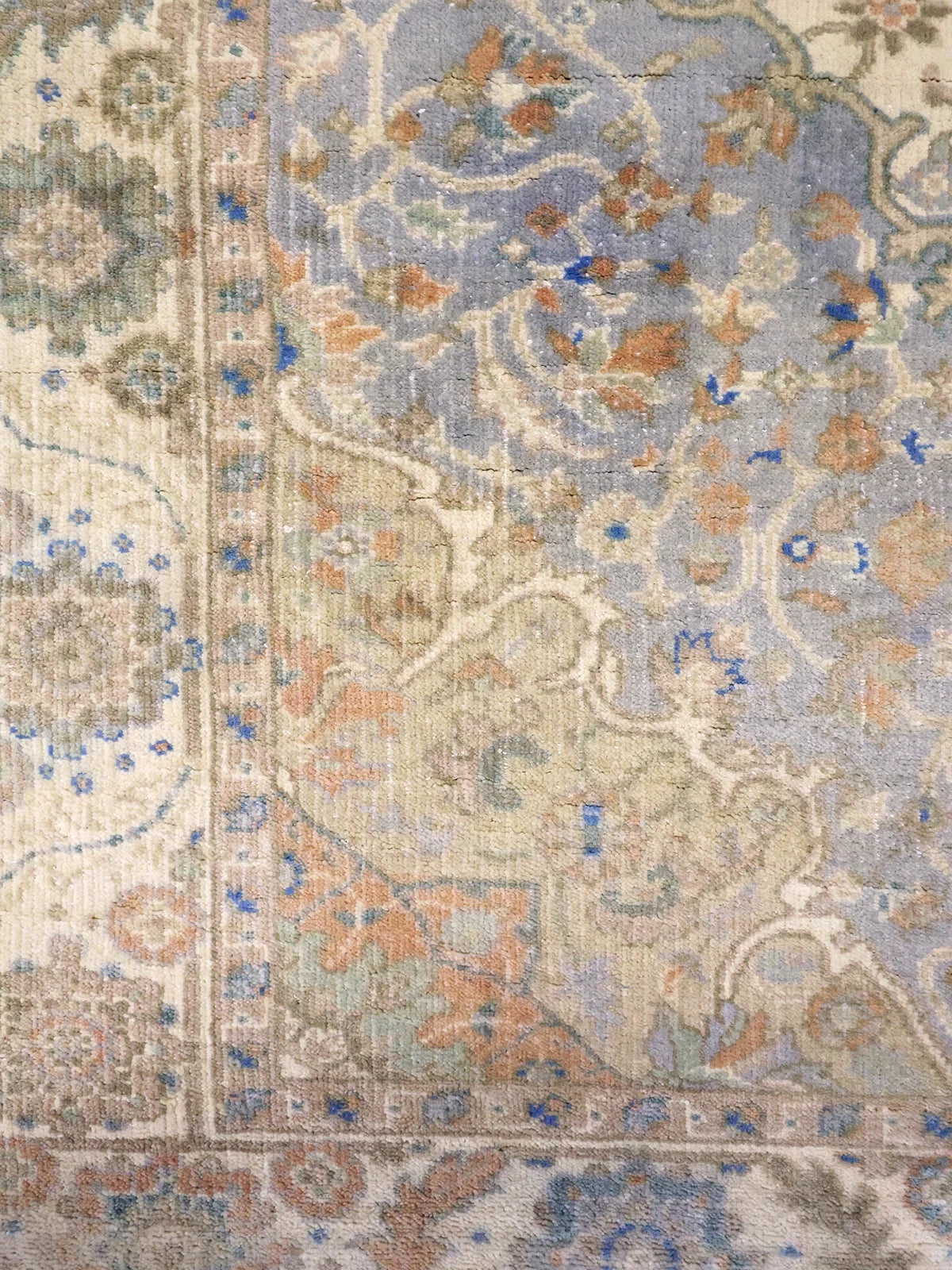 Vintage Indian Wool Light Blue Rug with Cream Diamond Floral Pattern