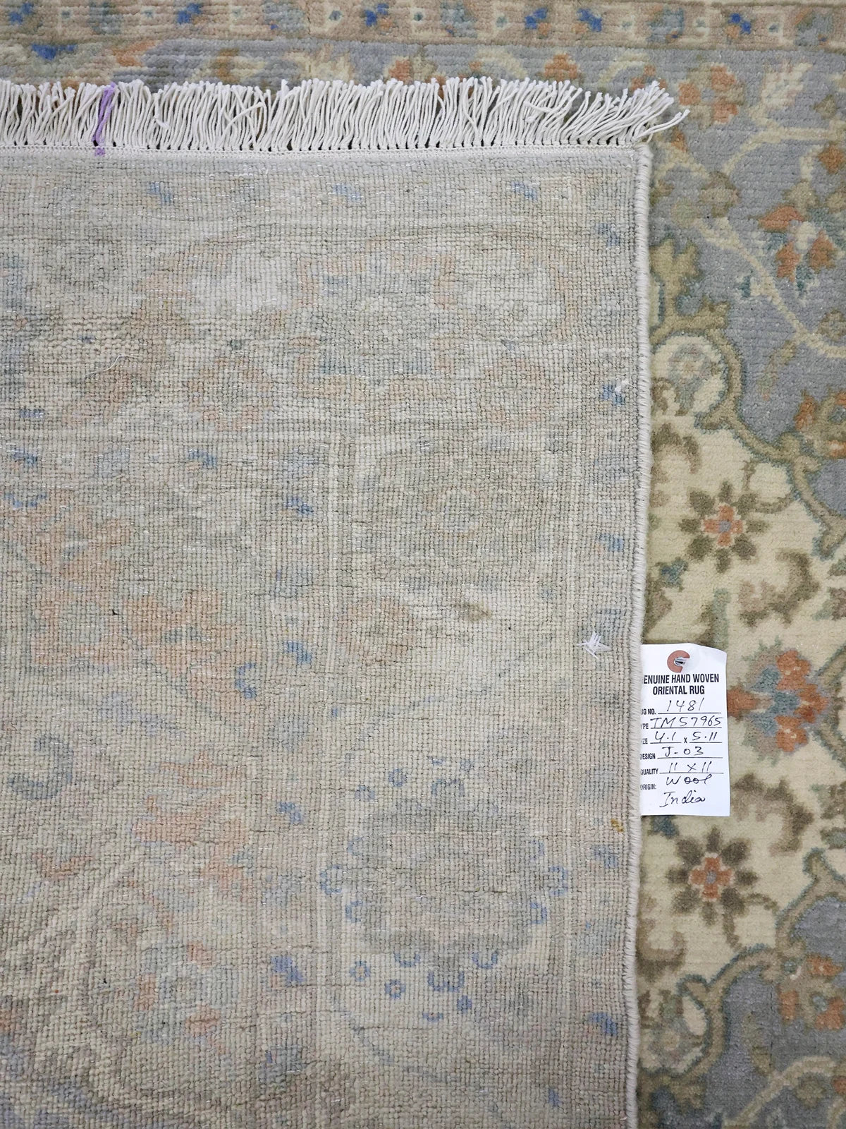 Vintage Indian Wool Light Blue Rug with Cream Diamond Floral Pattern
