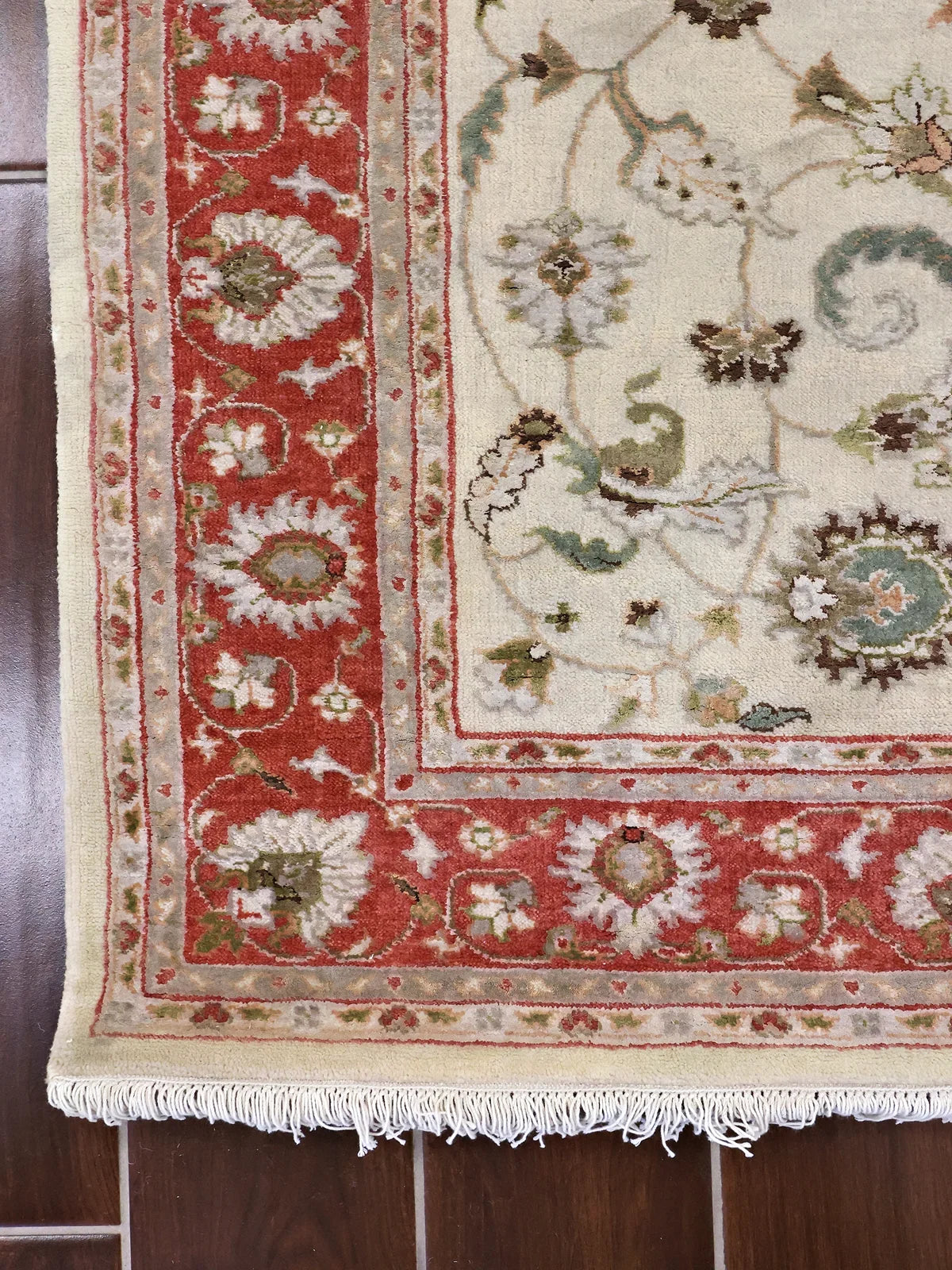 Crimson Vines Ornate Floral Rug in Cream & Red Handwoven Wool & Silk Rug