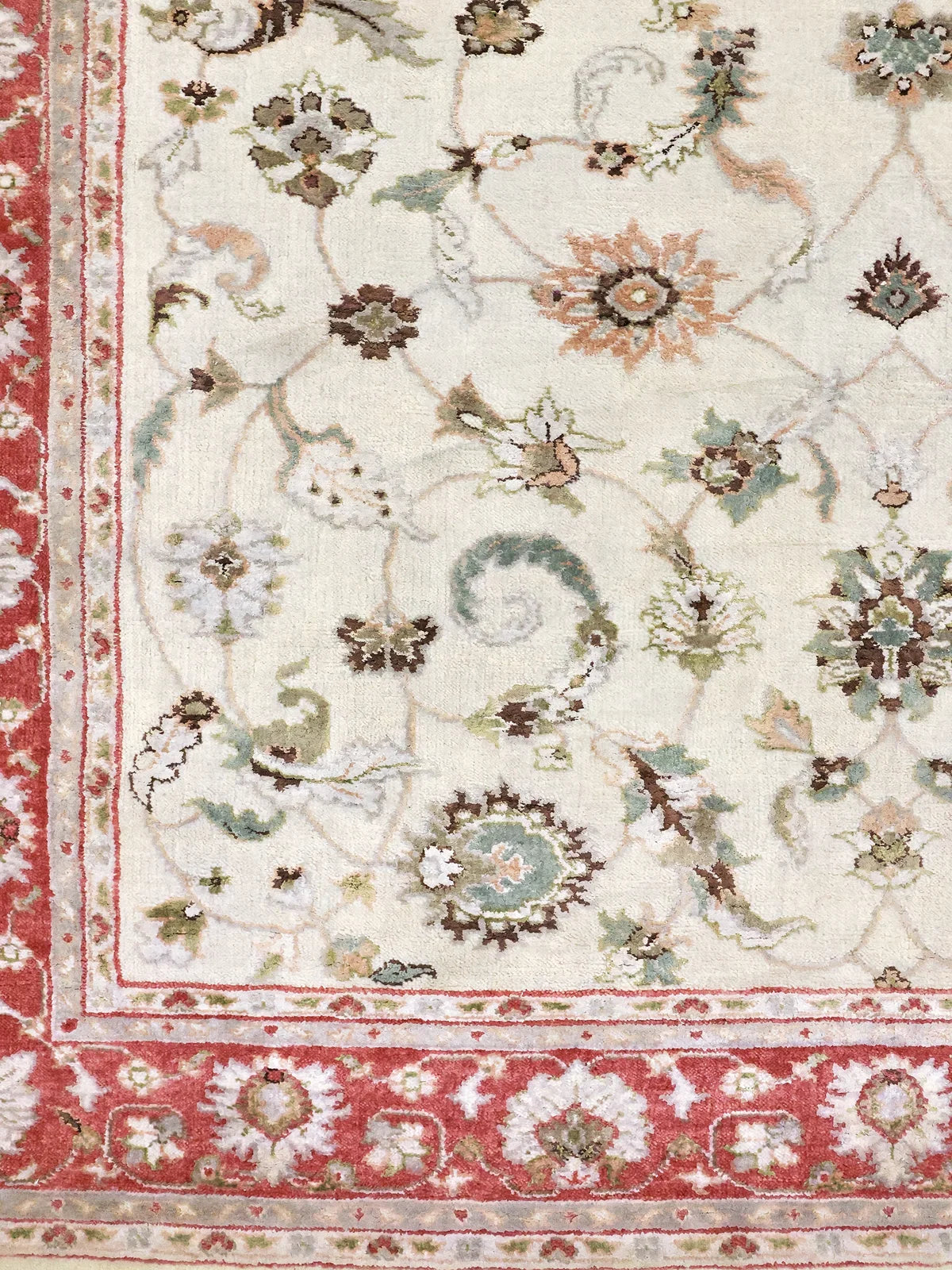 Crimson Vines Ornate Floral Rug in Cream & Red Handwoven Wool & Silk Rug
