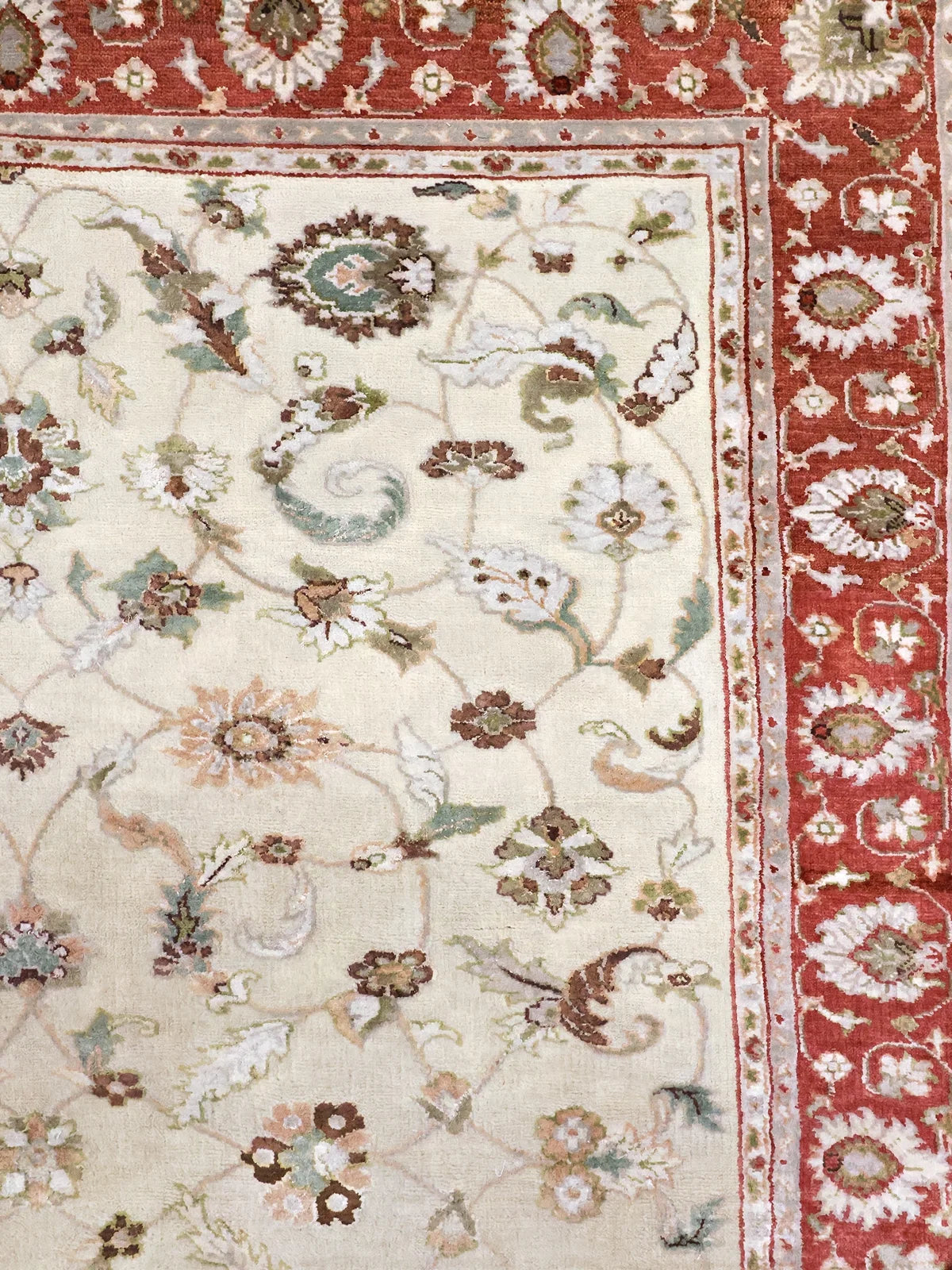 Crimson Vines Ornate Floral Rug in Cream & Red Handwoven Wool & Silk Rug