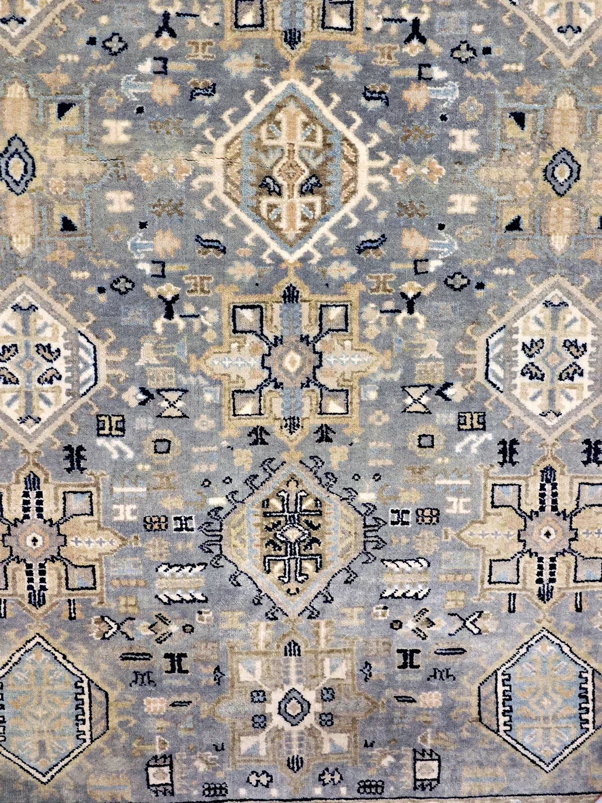 Intricate Geometric and Floral Wool Rug with Beige Border
