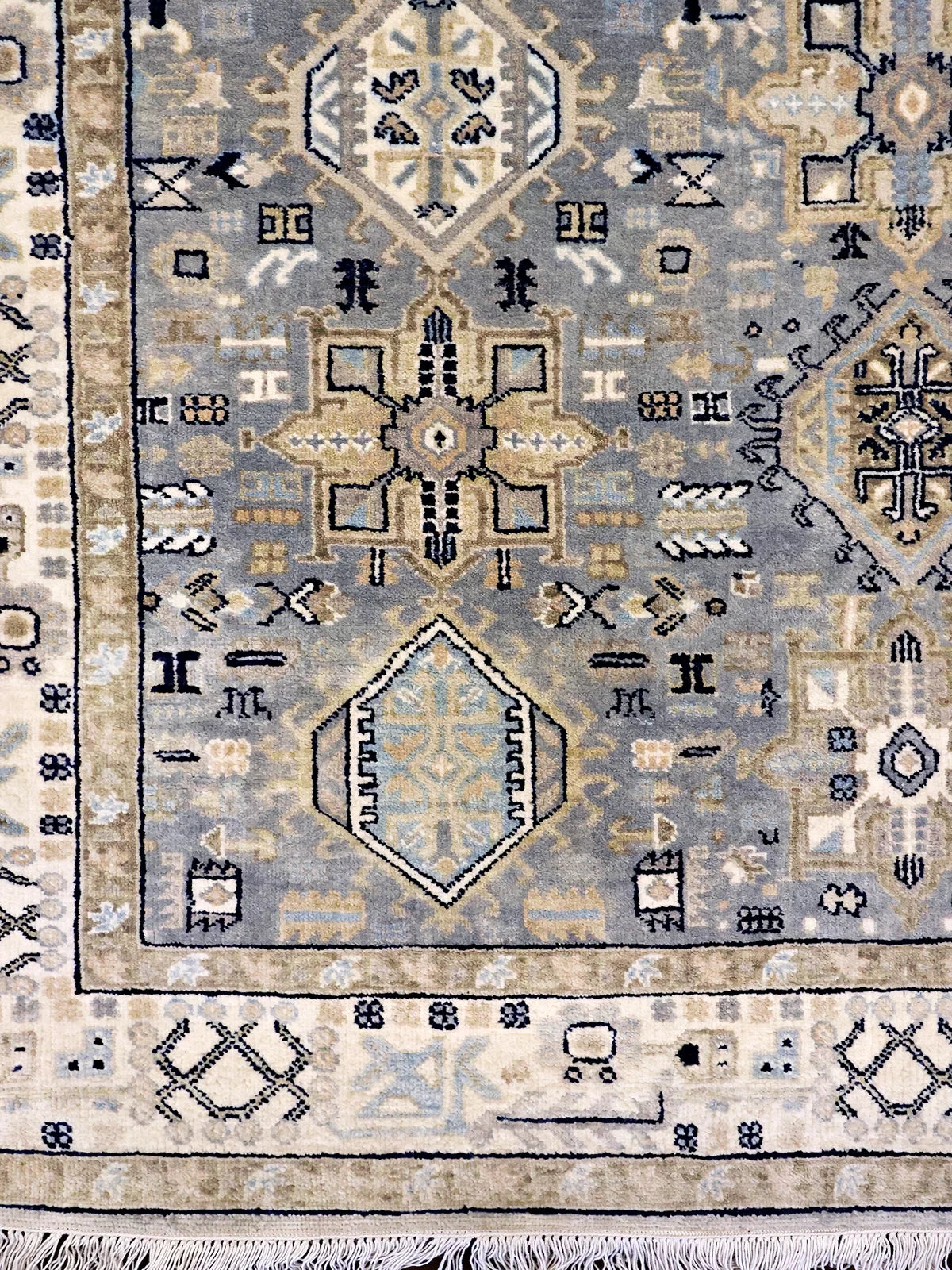 Intricate Geometric and Floral Wool Rug with Beige Border