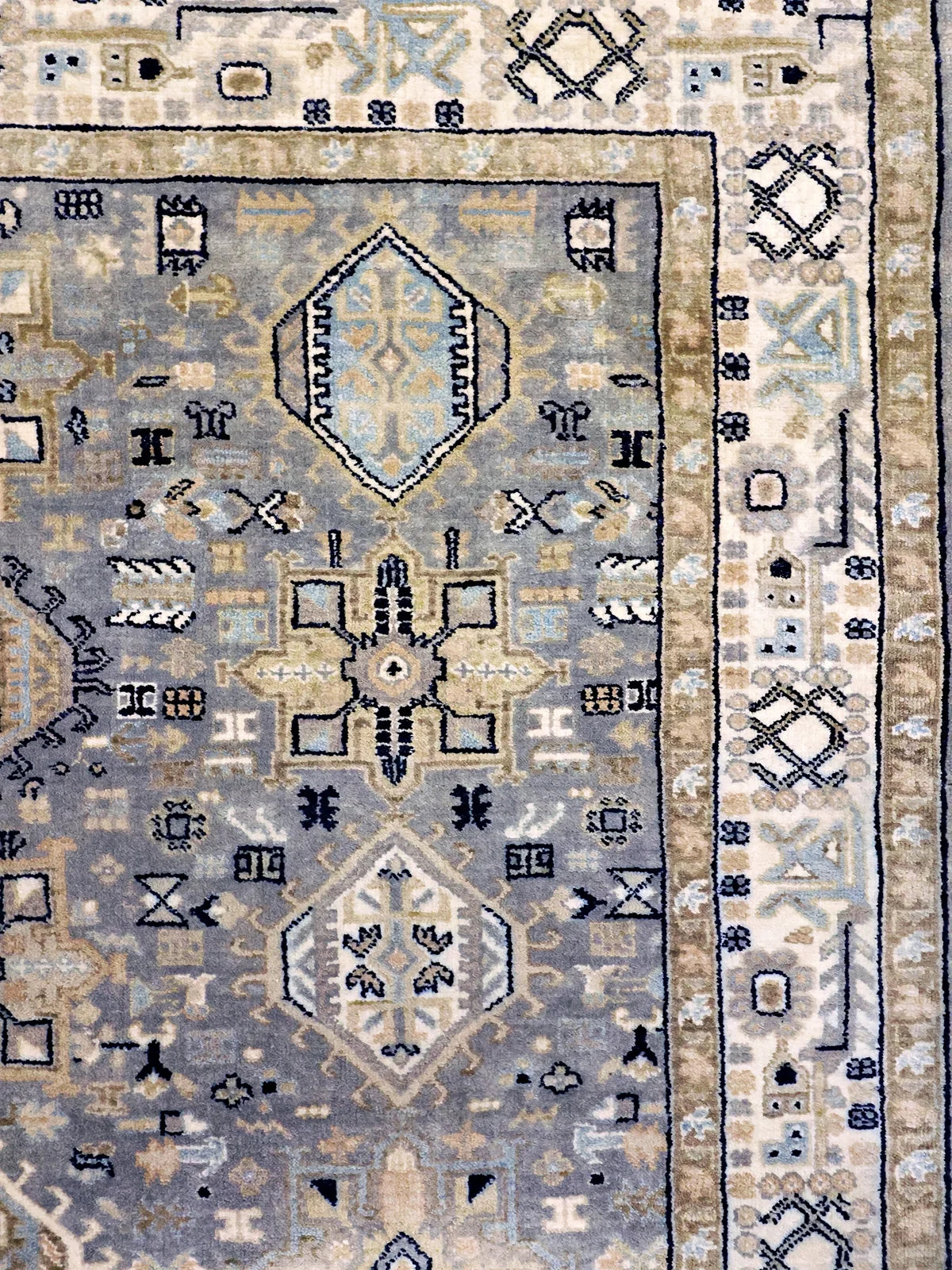 Intricate Geometric and Floral Wool Rug with Beige Border