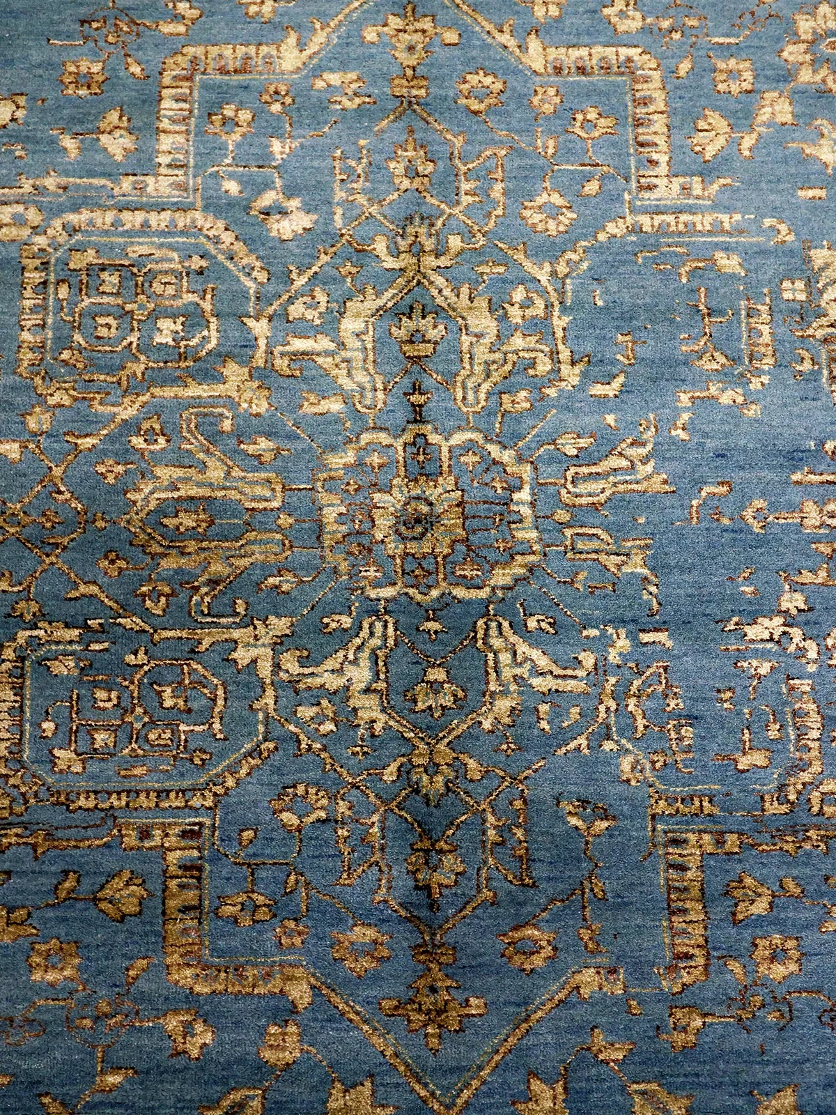 Vintage-Inspired Blue and Beige Rug with Fringes