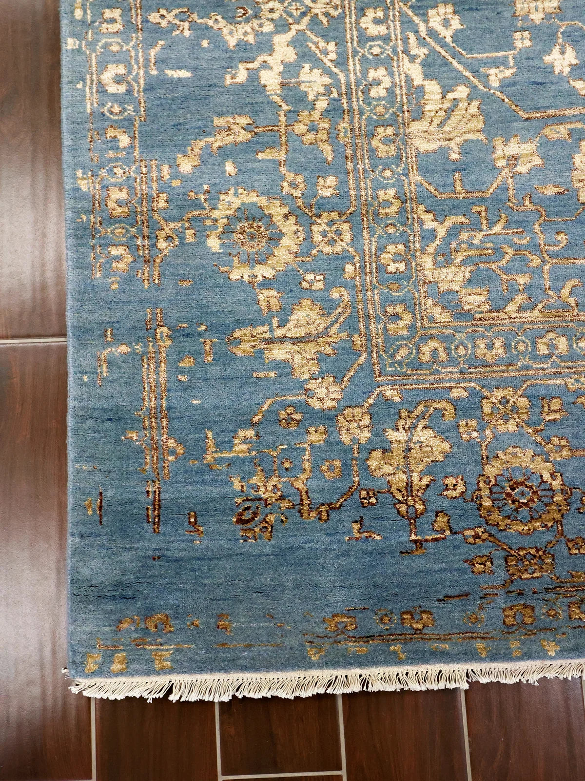 Vintage-Inspired Blue and Beige Rug with Fringes