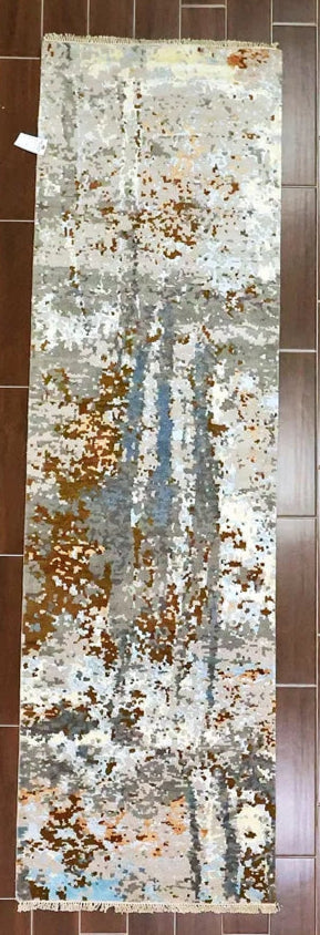 Modern Brown, White Fringe Wool Viscose Runner