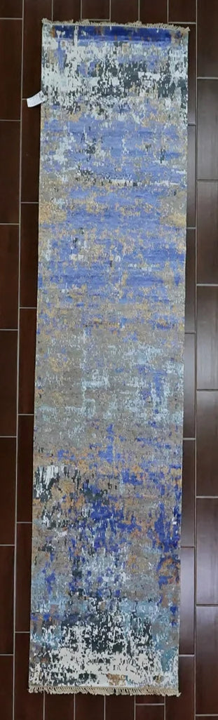 Contemporary Wool-Viscose Gray, Blue, and Brown Runner