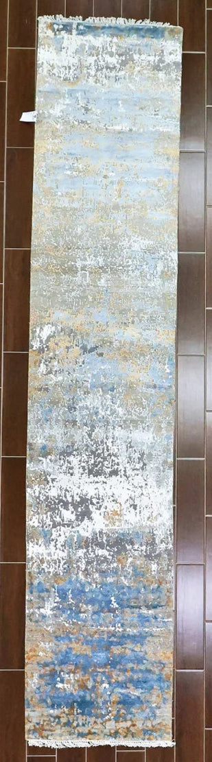 Beige and Blue Abstract Wool-Viscose Hallway Runner