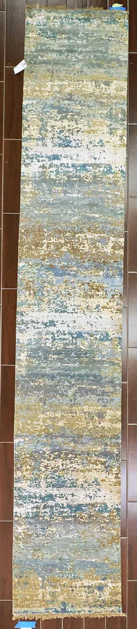 Contemporary Beige and Gold Abstract Wool-Viscose Runner