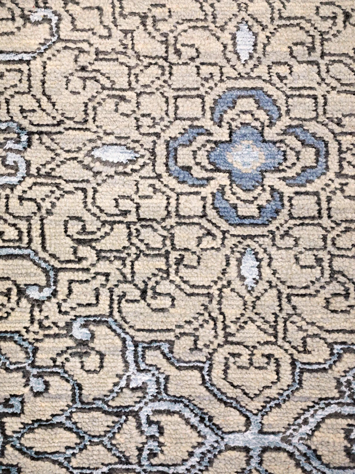 Classic Oushak Wool Rug with Blue Floral Design
