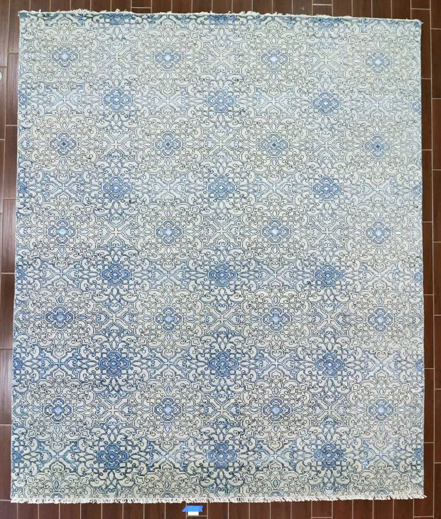 Classic Oushak Wool Rug with Blue Floral Design