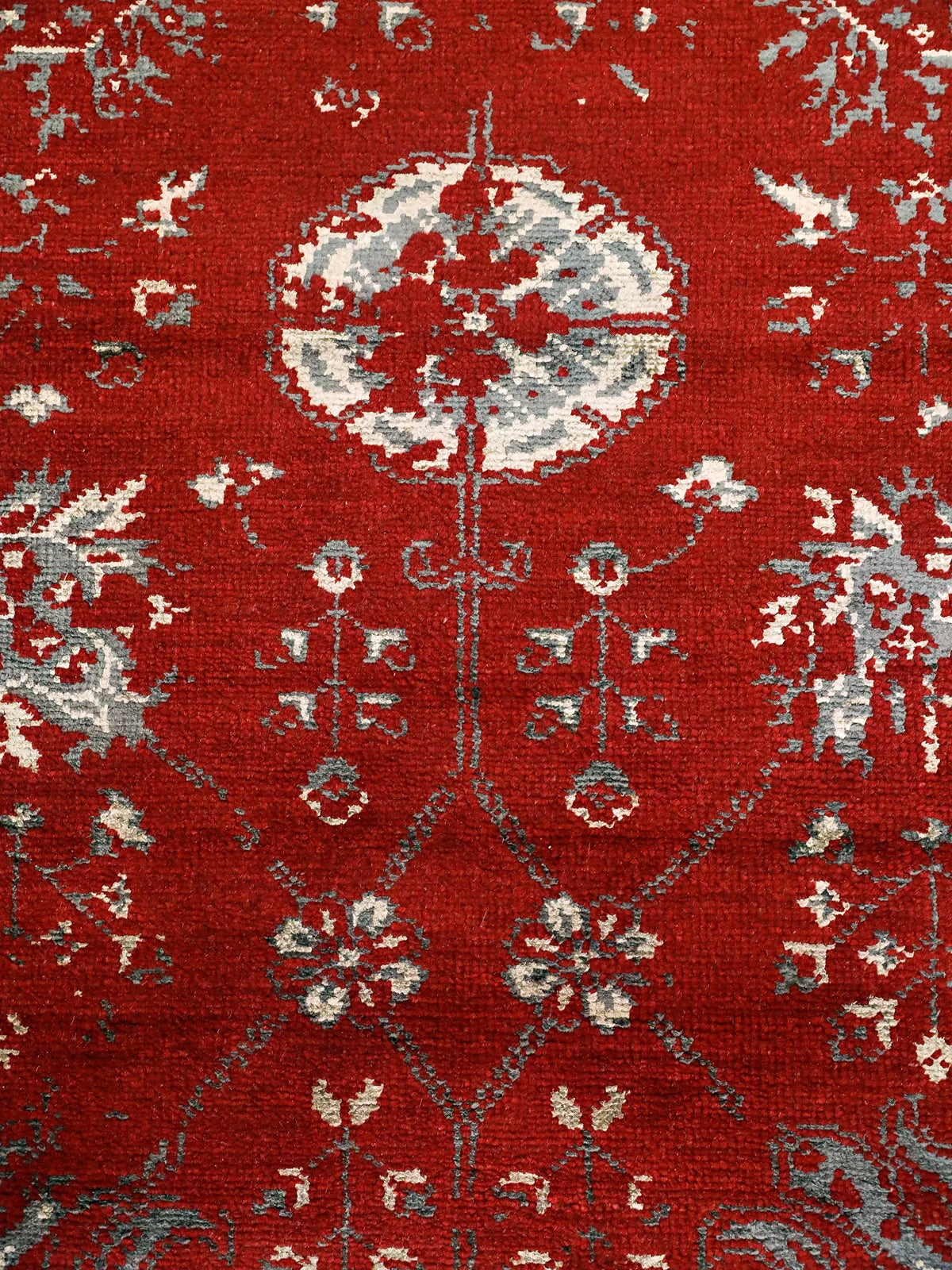 Ornate Ruby Medallion Oushak Runner with Cream Border