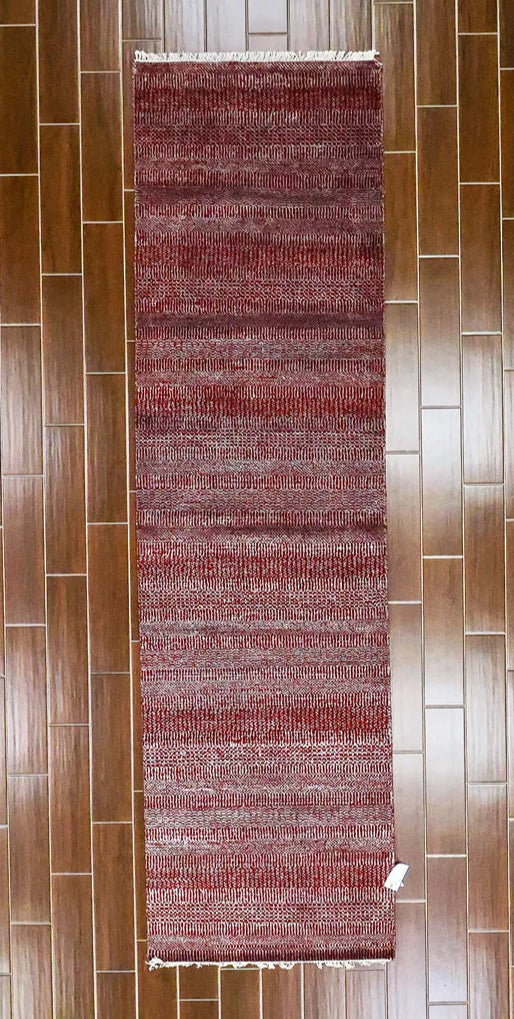 Hand-Woven Modern Wool Rug – 2.11 x 12.0 ft – Red & Ivory