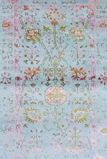 Vintage Garden – Modern Wool Rug in Mint Blue & Rose