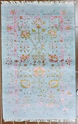 Vintage Garden – Modern Wool Rug in Mint Blue & Rose