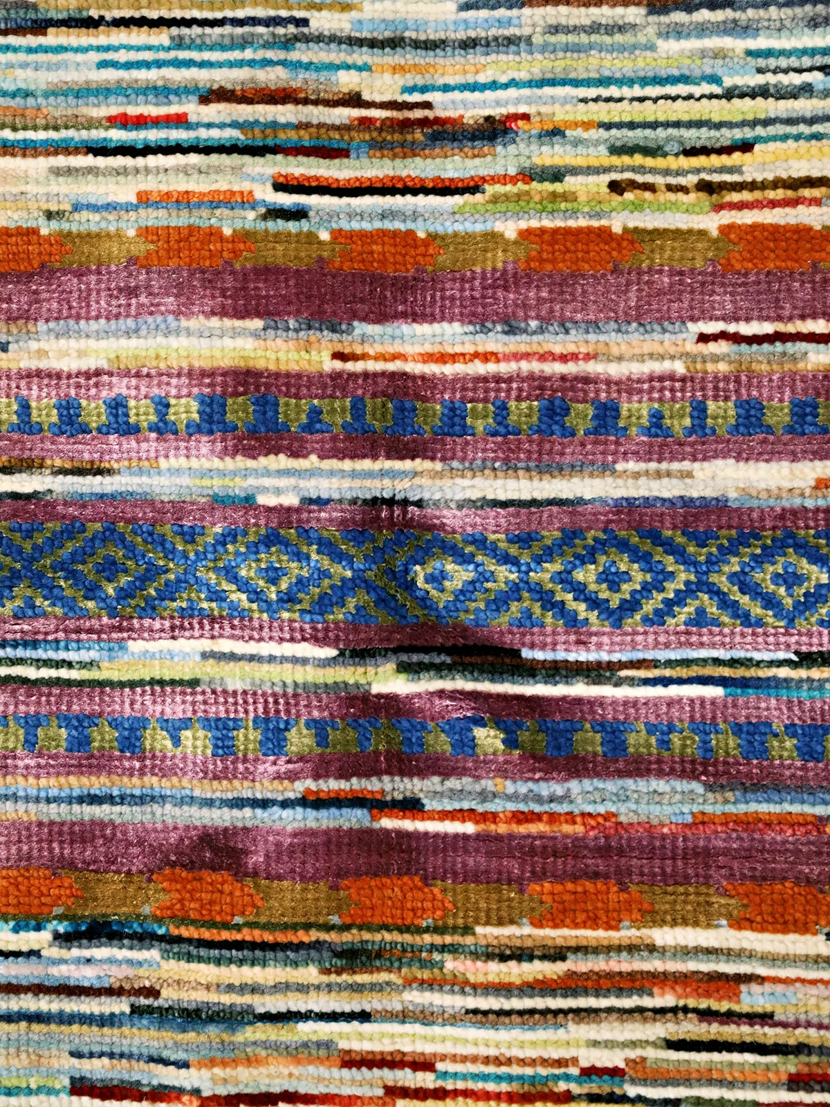Hand-Woven Vibrant Stripes Wool Modern Rug in Multi-Color, Fringed Edge