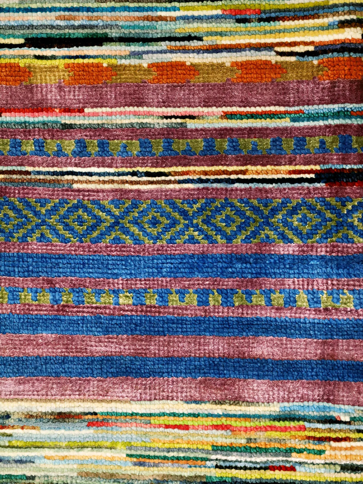 Hand-Woven Vibrant Stripes Wool Modern Rug in Multi-Color, Fringed Edge