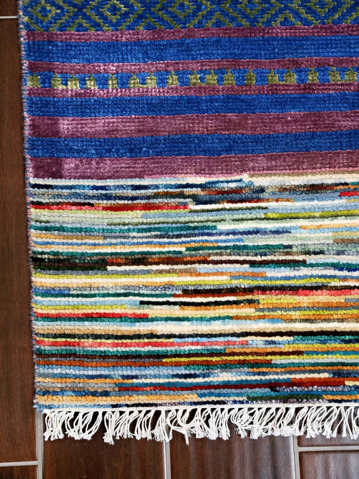 Hand-Woven Vibrant Stripes Wool Modern Rug in Multi-Color, Fringed Edge