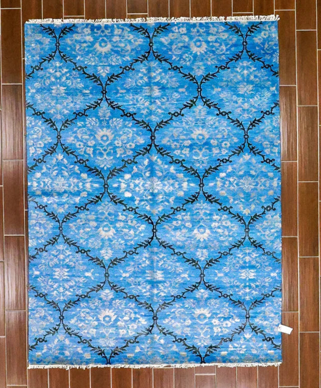 Handmade Modern Blue Rug with Floral Diamonds