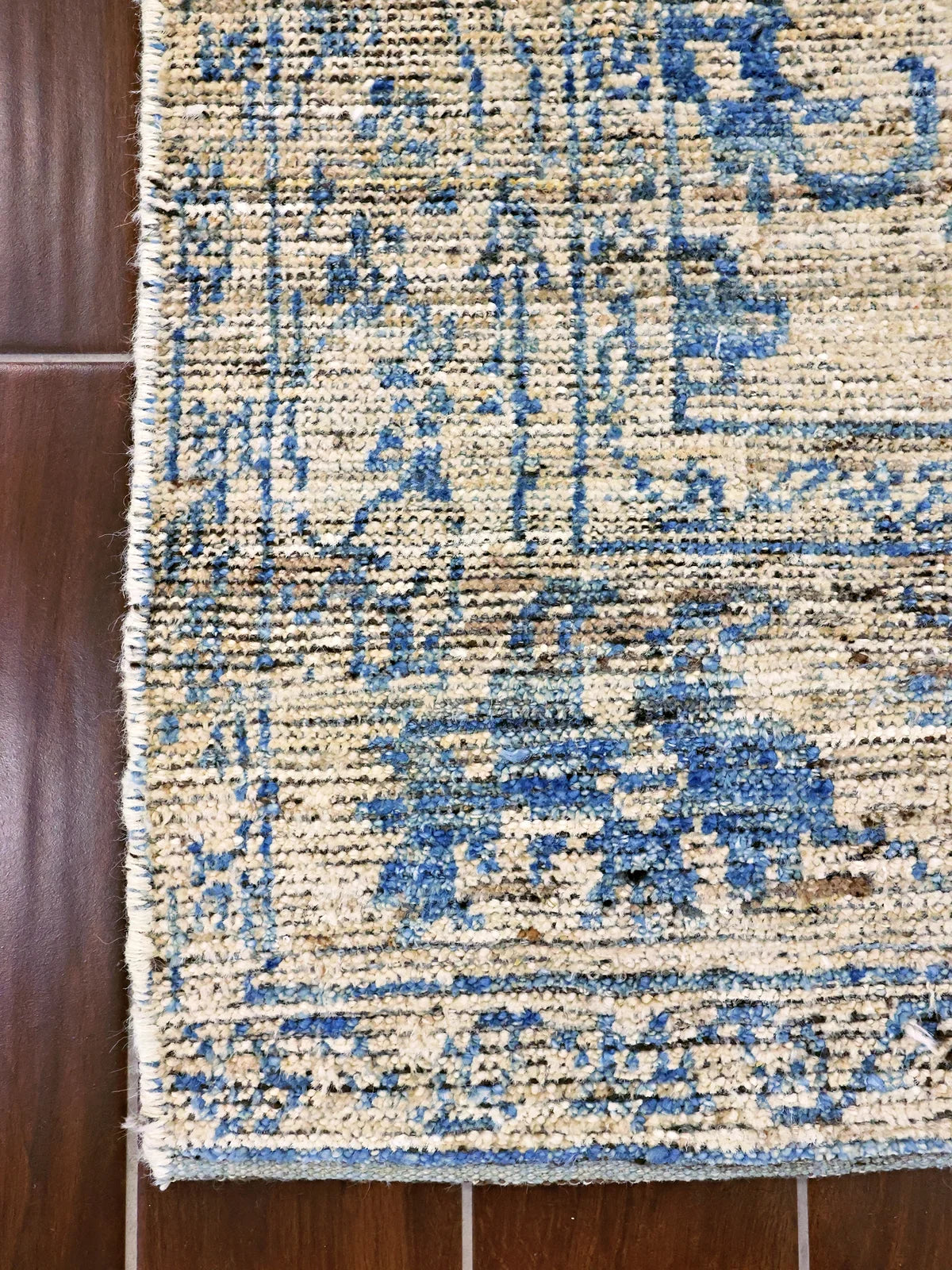 Royal Bloom Balkhi Wool Runner in Beige with Vibrant Blue Floral Design