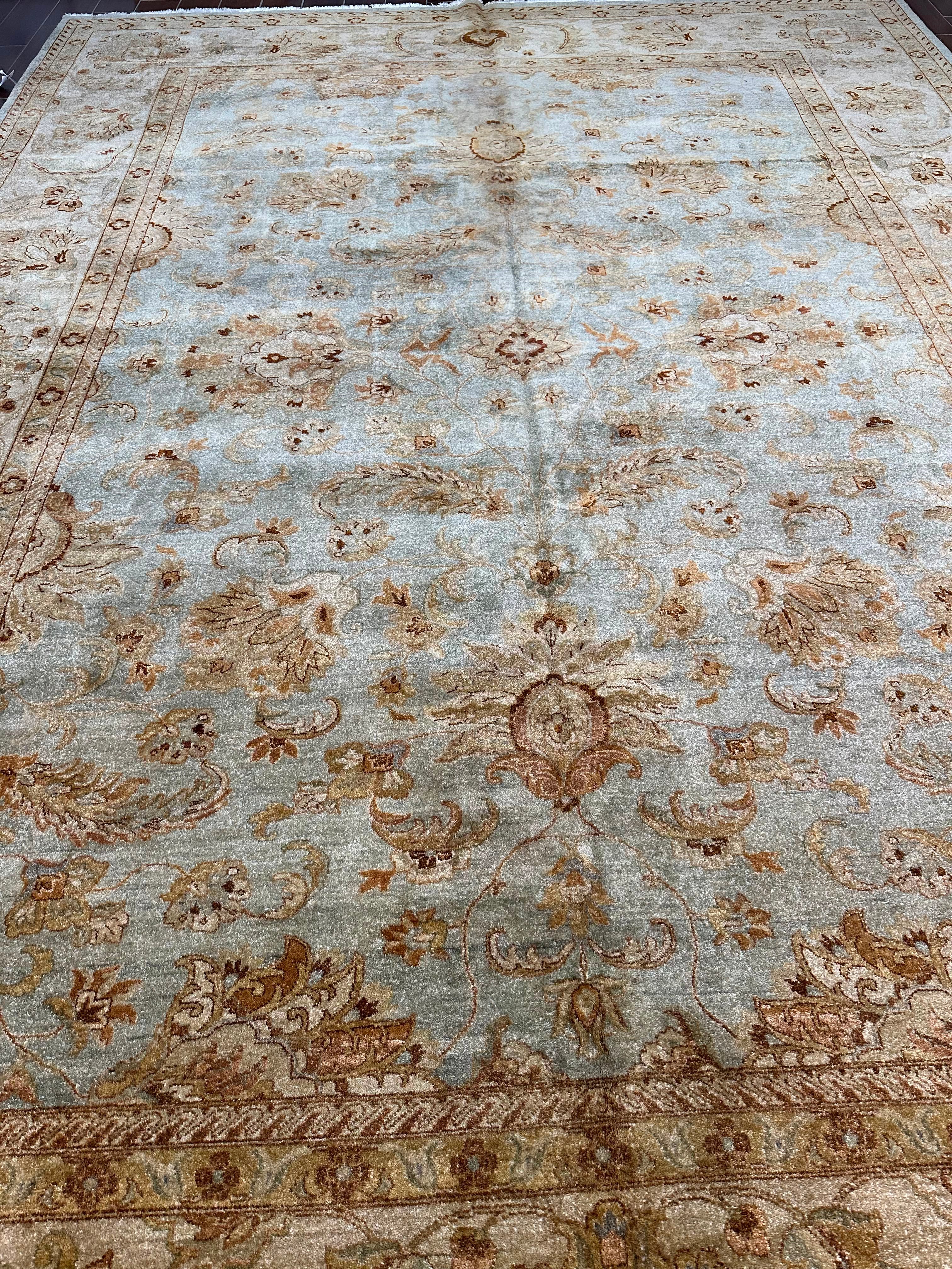Traditional Oushak Rug, Antique Blue & Ivory Floral Oriental Carpet