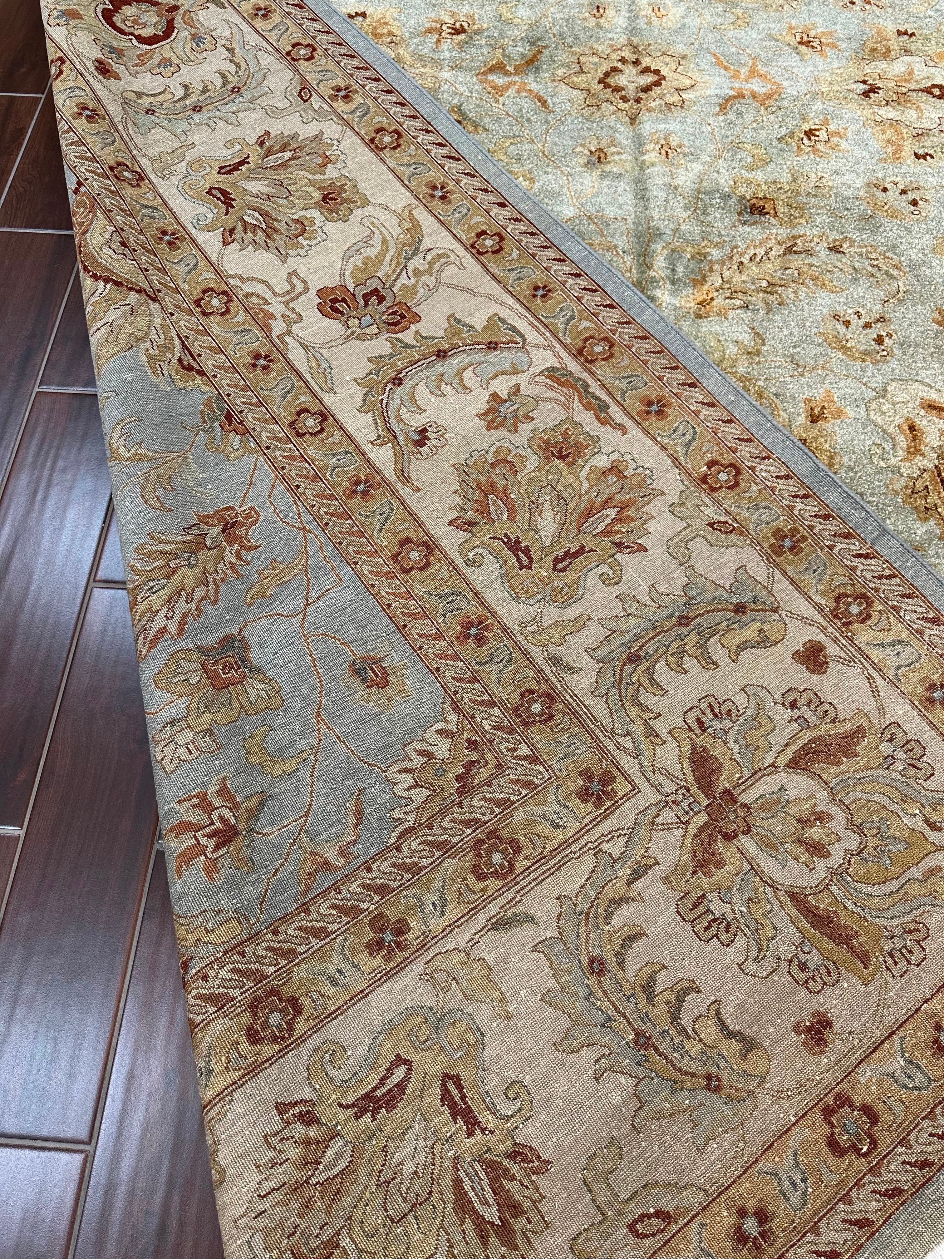 Traditional Oushak Rug, Antique Blue & Ivory Floral Oriental Carpet