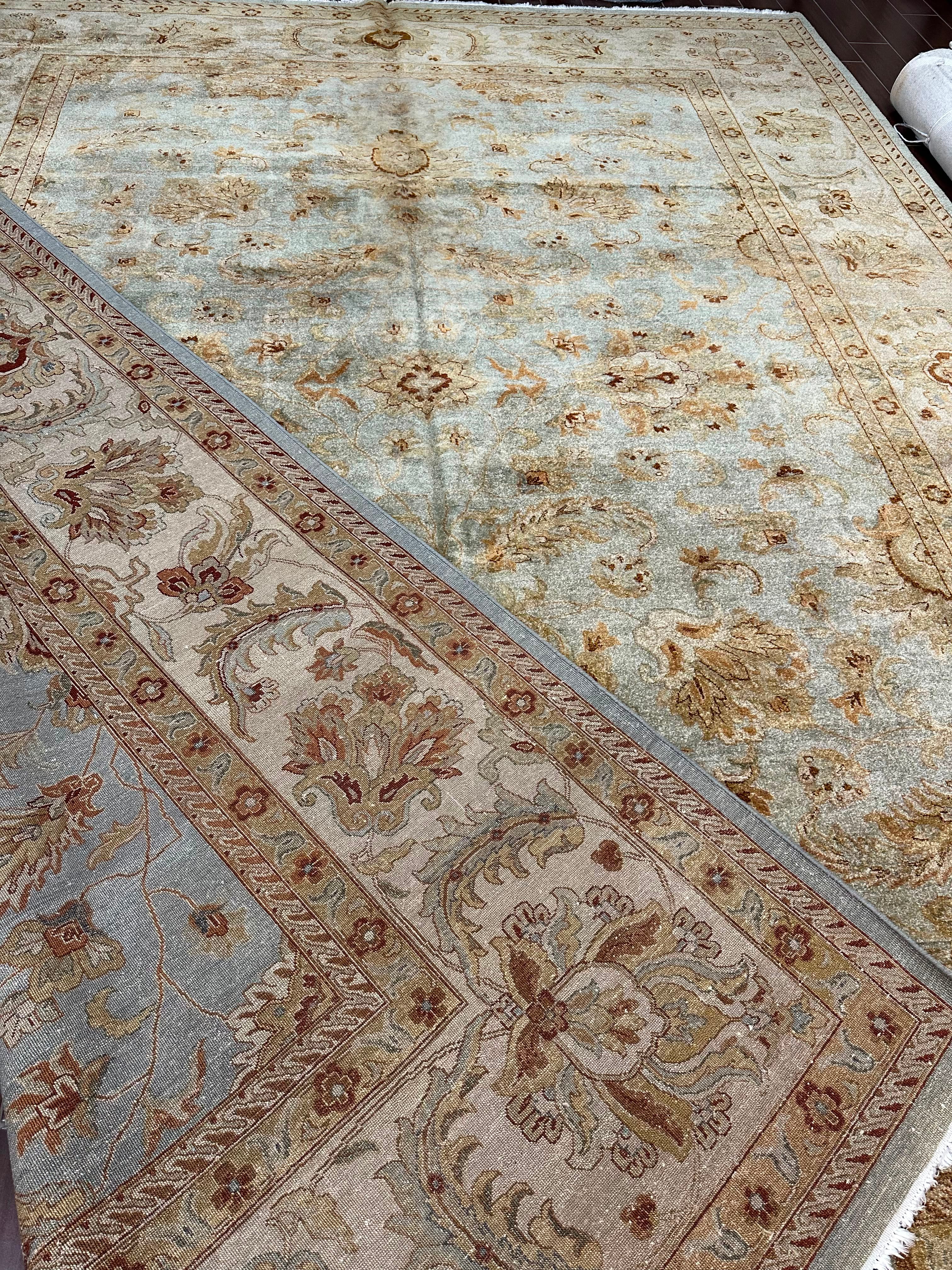 Traditional Oushak Rug, Antique Blue & Ivory Floral Oriental Carpet